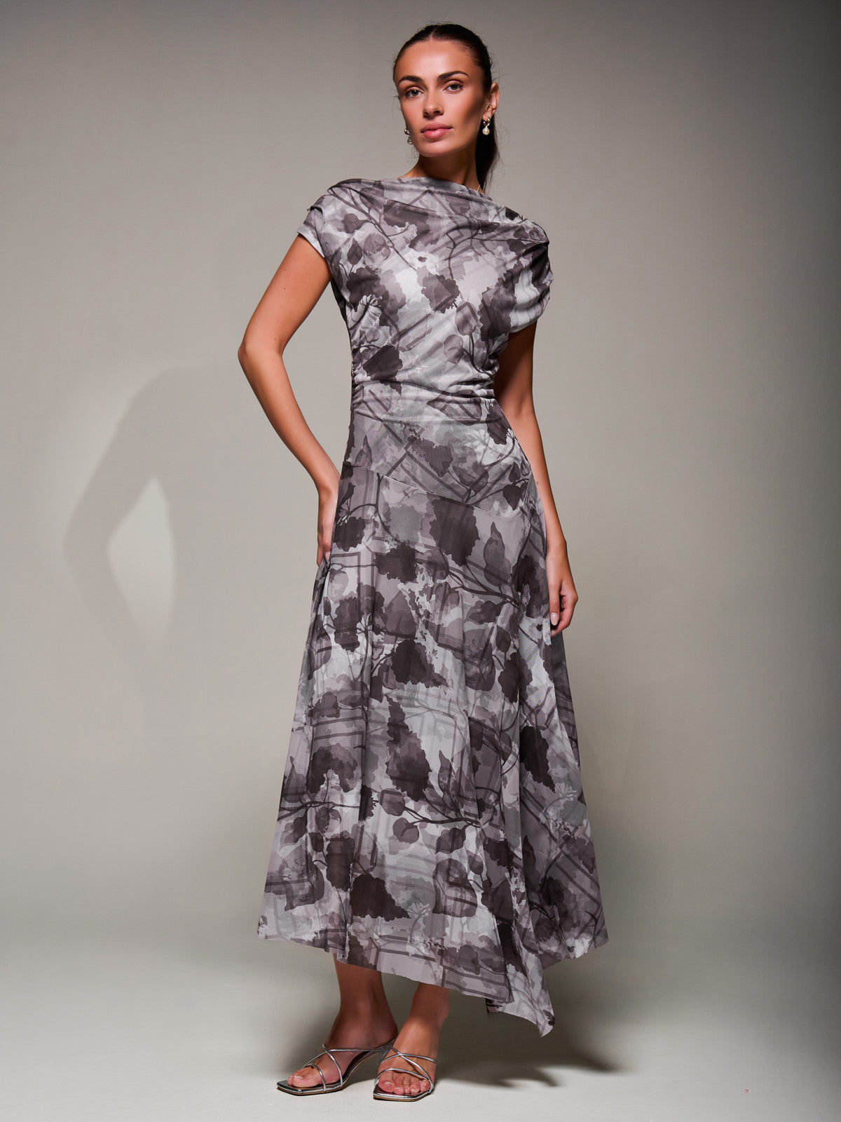 Asymmetrical Draped Slash Neck Midaxi Dress, Grey Abstract Front View