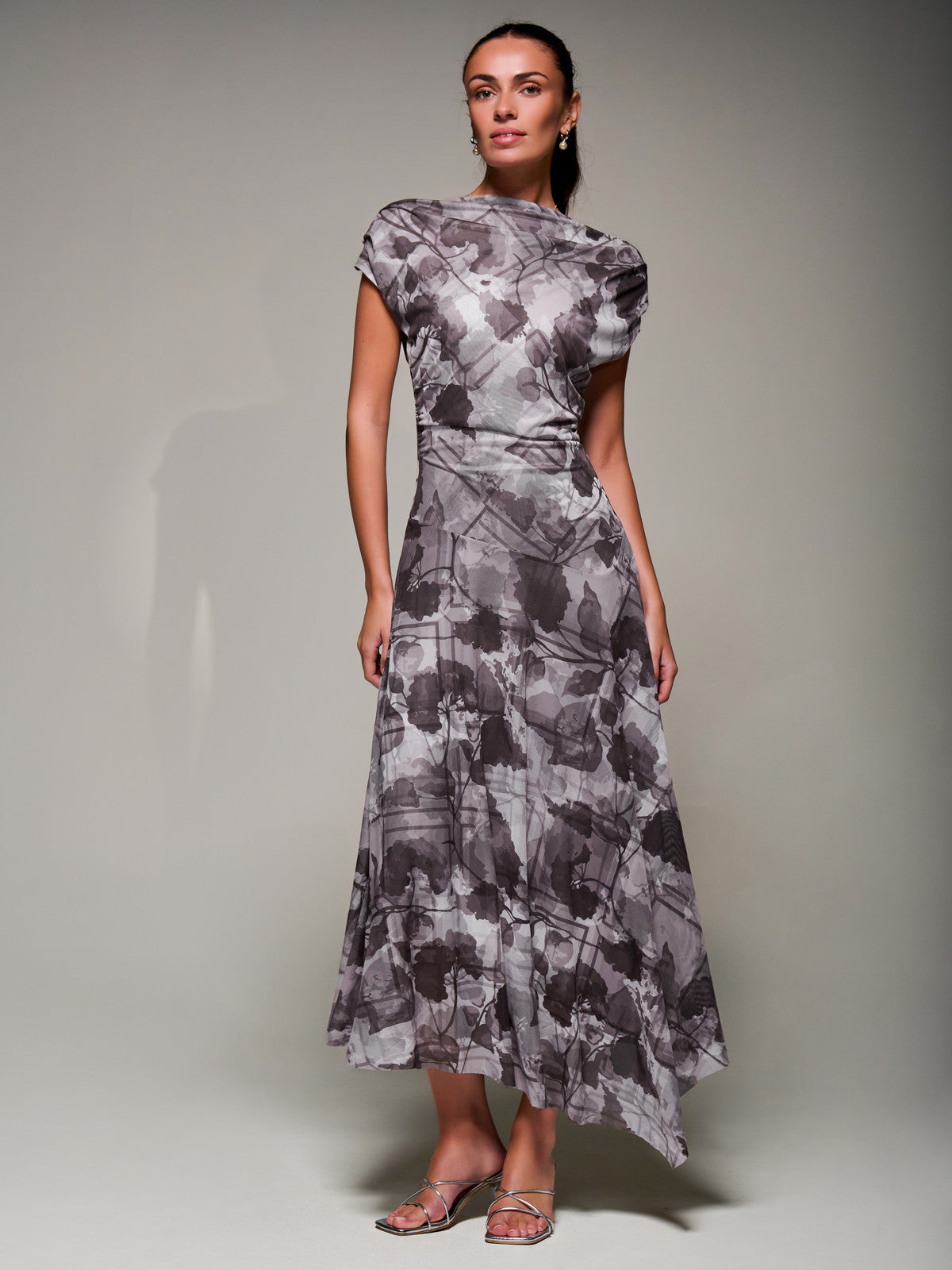 Asymmetrical Draped Slash Neck Midaxi Dress, Grey Abstract Detail View