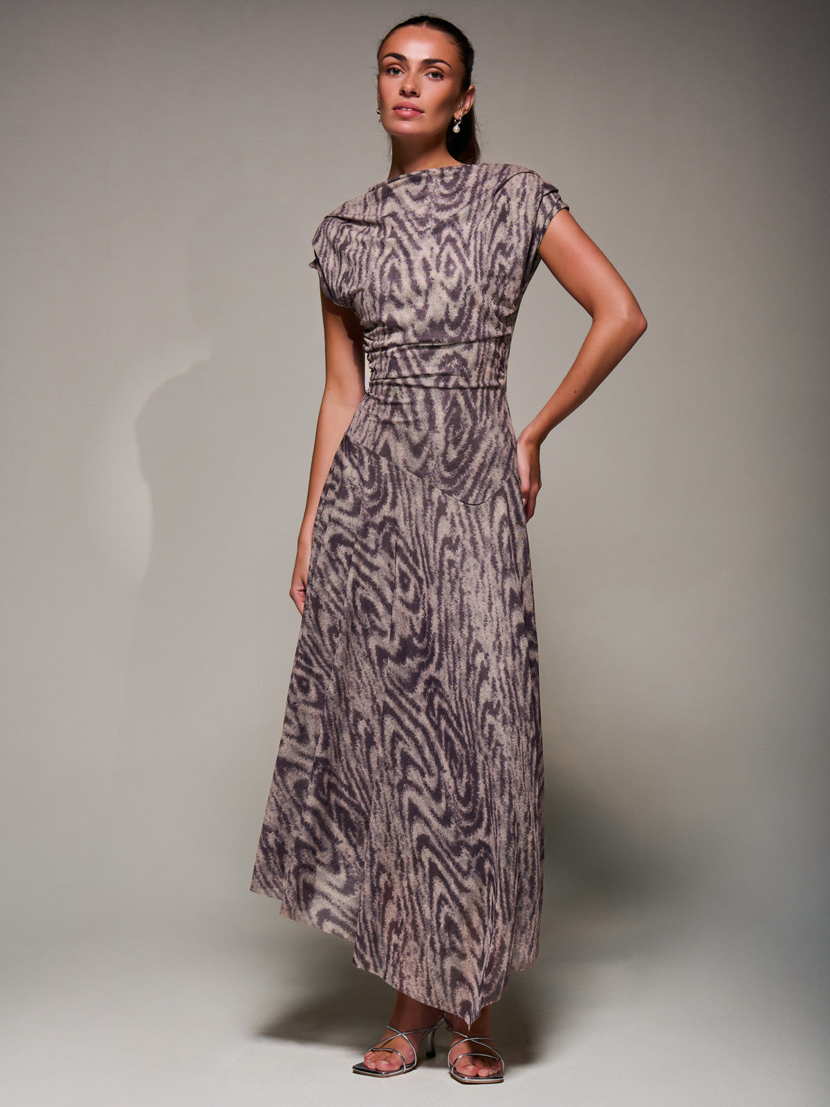Asymmetrical Draped Slash Neck Midaxi Dress, Purple Abstract Front View