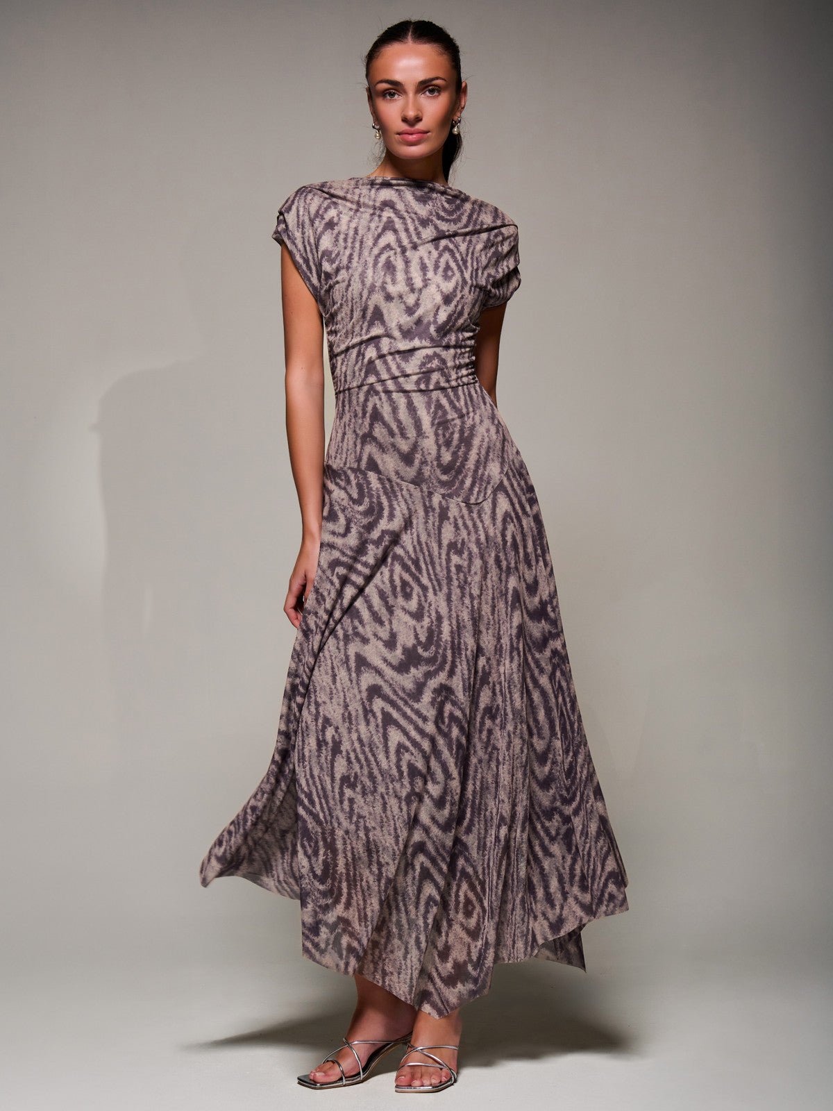 Asymmetrical Draped Slash Neck Midaxi Dress, Purple Abstract Detail View