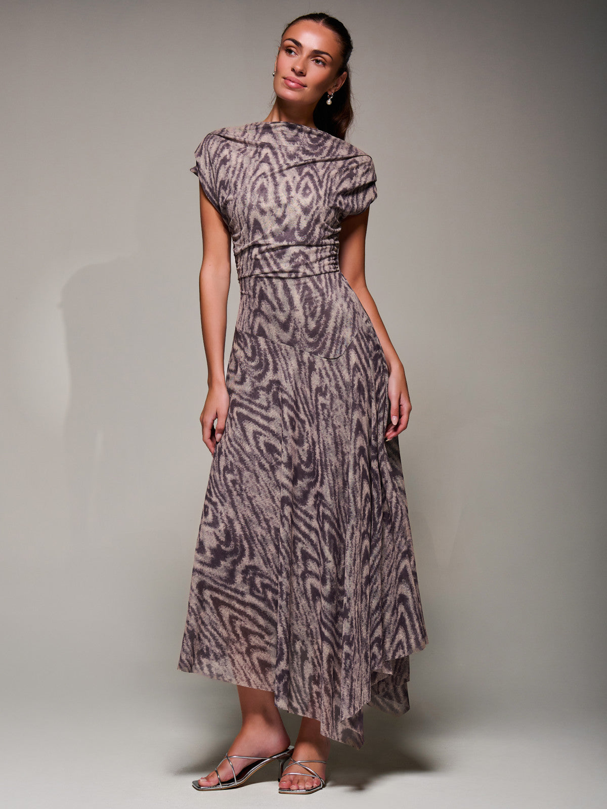 Asymmetrical Draped Slash Neck Midaxi Dress, Purple Abstract Front View 2