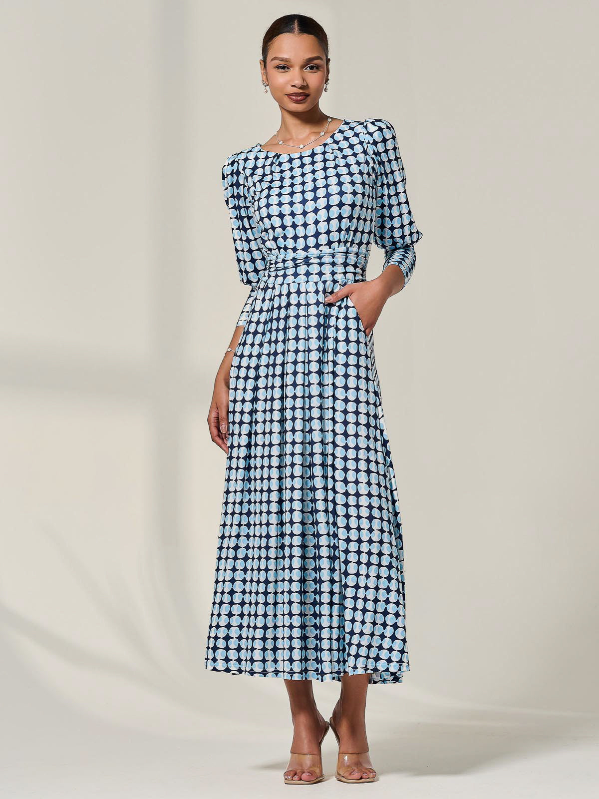Long Puff Sleeved Jersey Midaxi Dress Front View