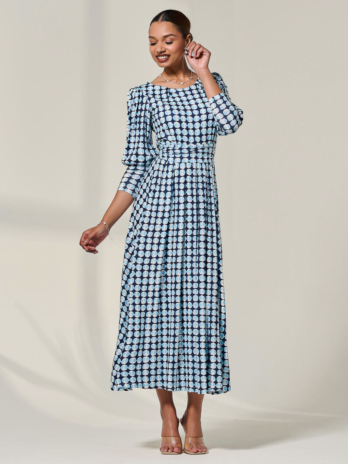Long Puff Sleeved Jersey Midaxi Dress Styled View