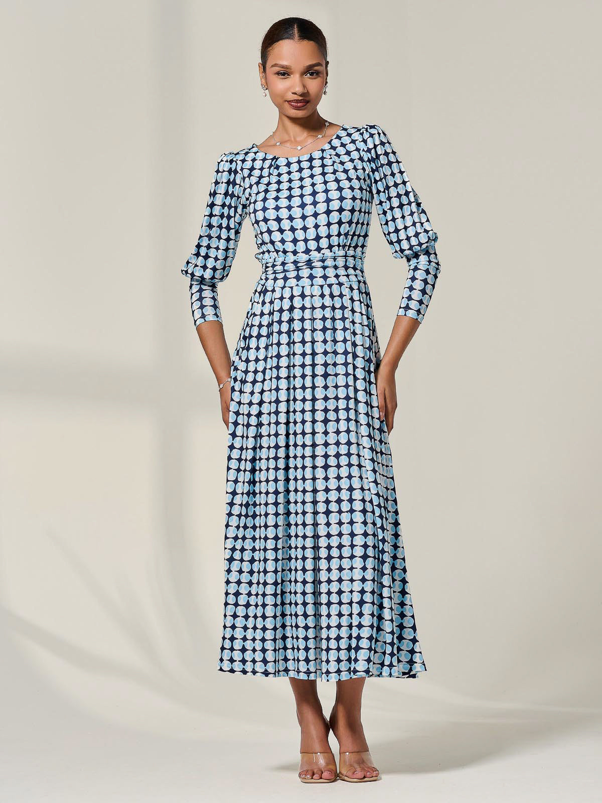 Long Puff Sleeved Jersey Midaxi Dress Full Length View