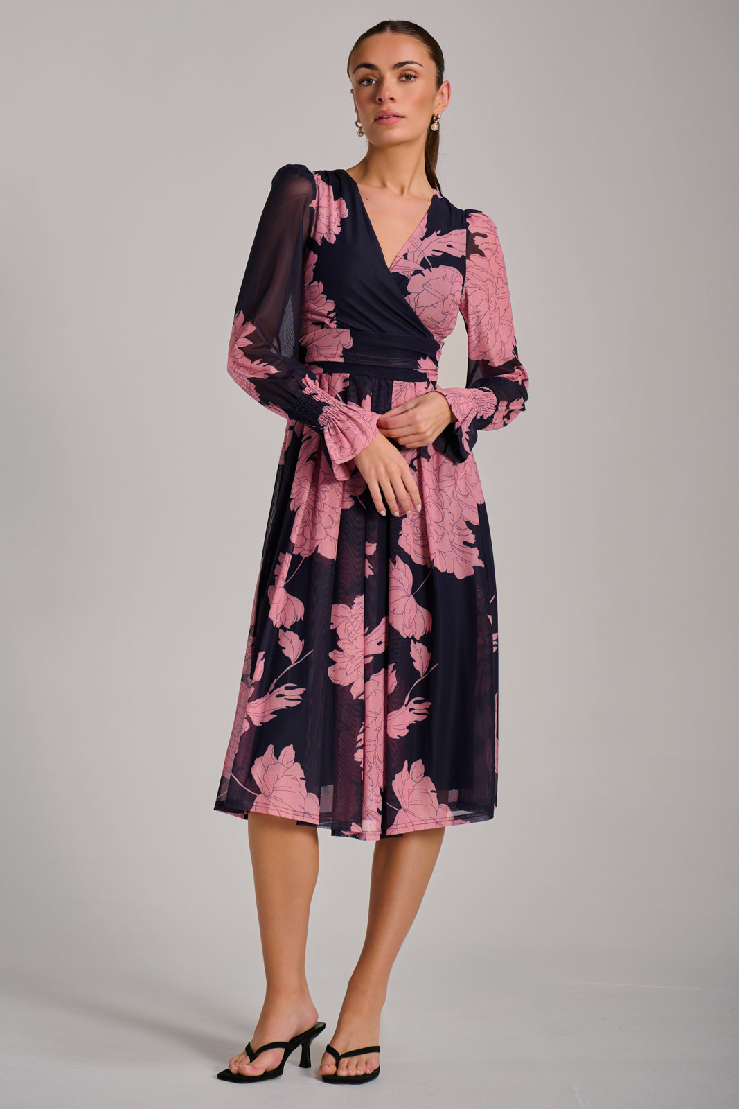 Long Sleeve Printed Mesh Midi Dress Styled View