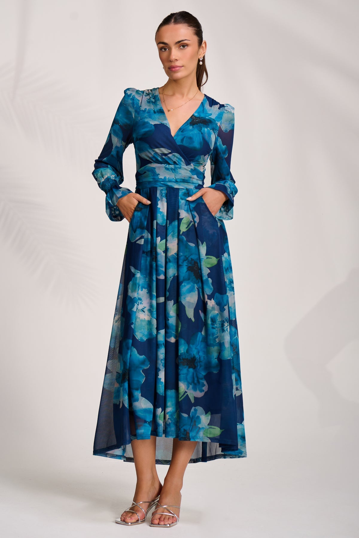 Long Sleeve V Neck Mesh Maxi Dress BLUE FLORAL Front View
