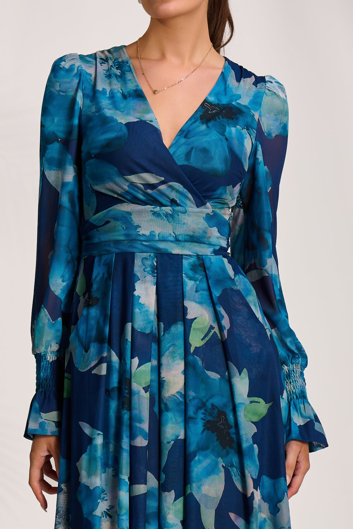 Long Sleeve V Neck Mesh Maxi Dress BLUE FLORAL Full Length View