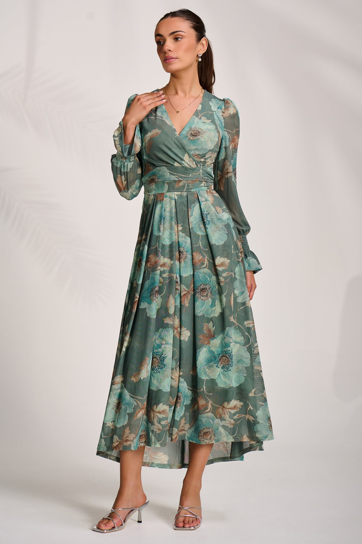 Long Sleeve V Neck Mesh Maxi Dress Front View