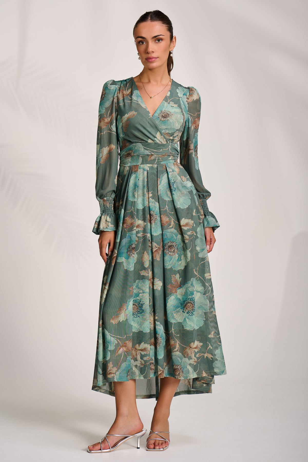 Long Sleeve V Neck Mesh Maxi Dress Front View 2