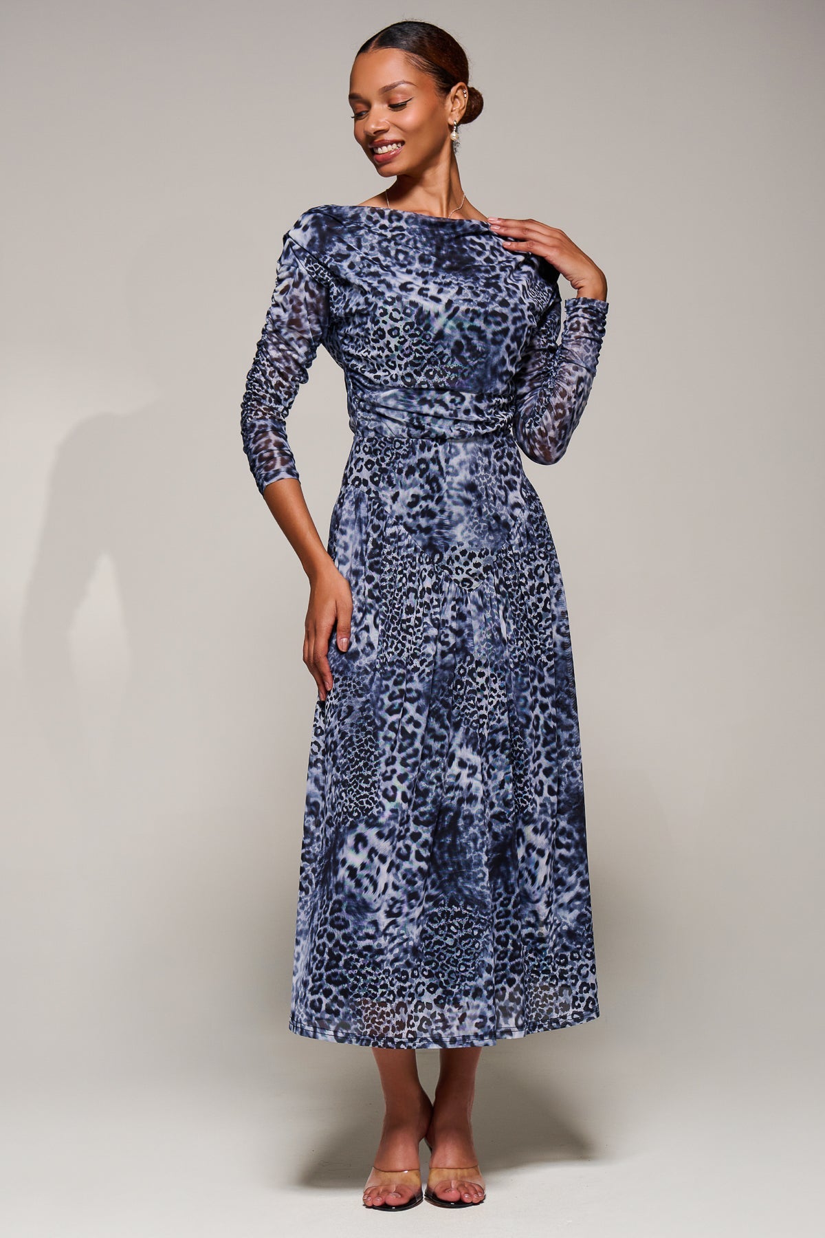 Long Sleeve Asymmetric Gathered Mesh Midi Dress Front View 2