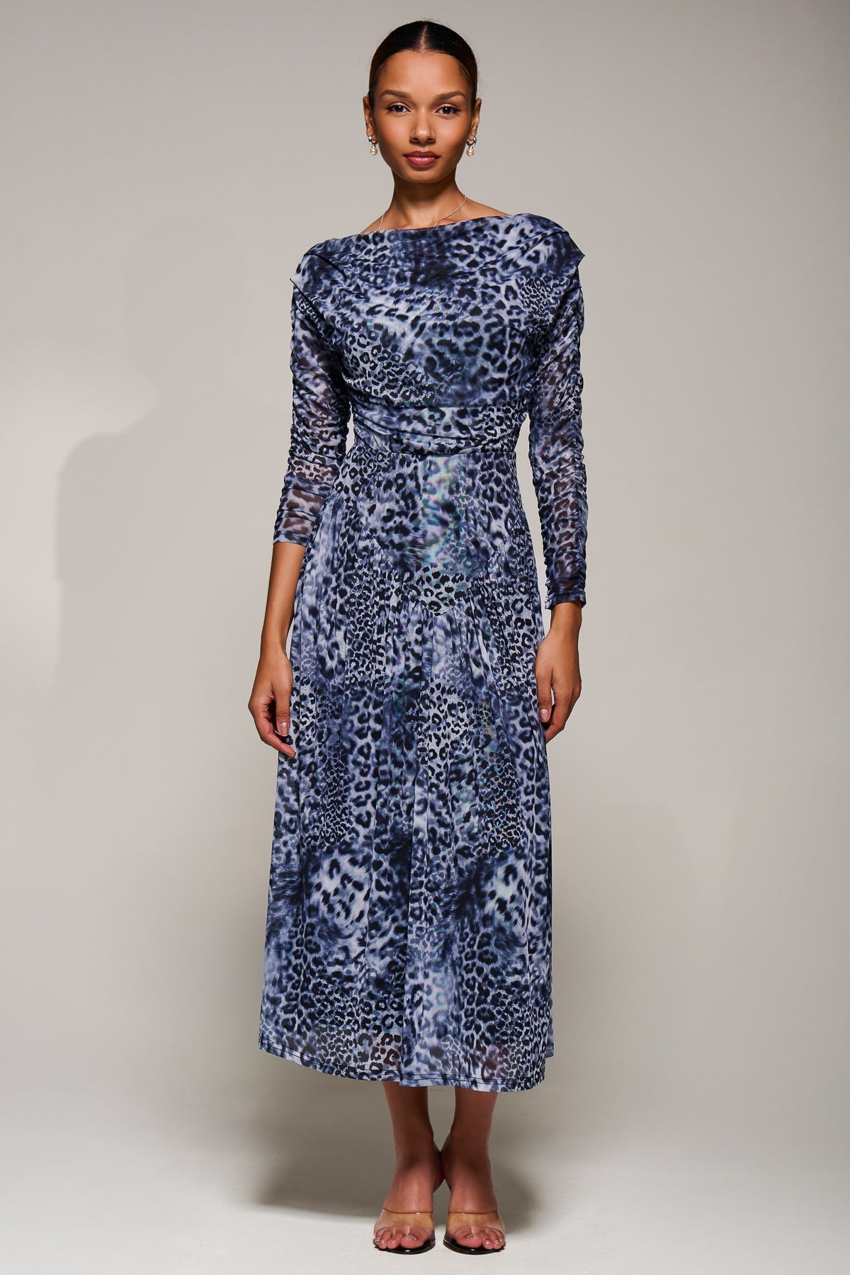 Long Sleeve Asymmetric Gathered Mesh Midi Dress Detail View