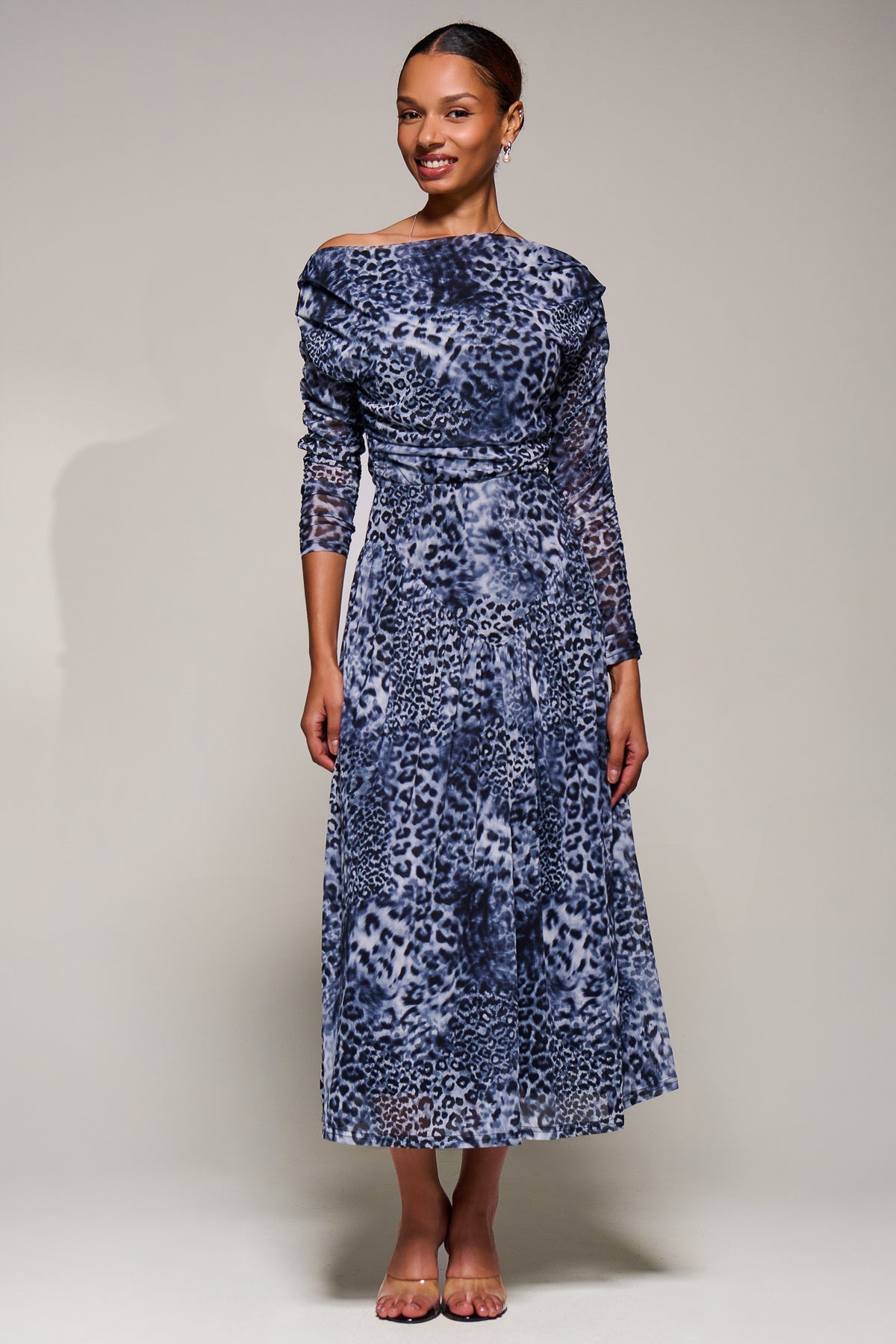 Long Sleeve Asymmetric Gathered Mesh Midi Dress Styled View
