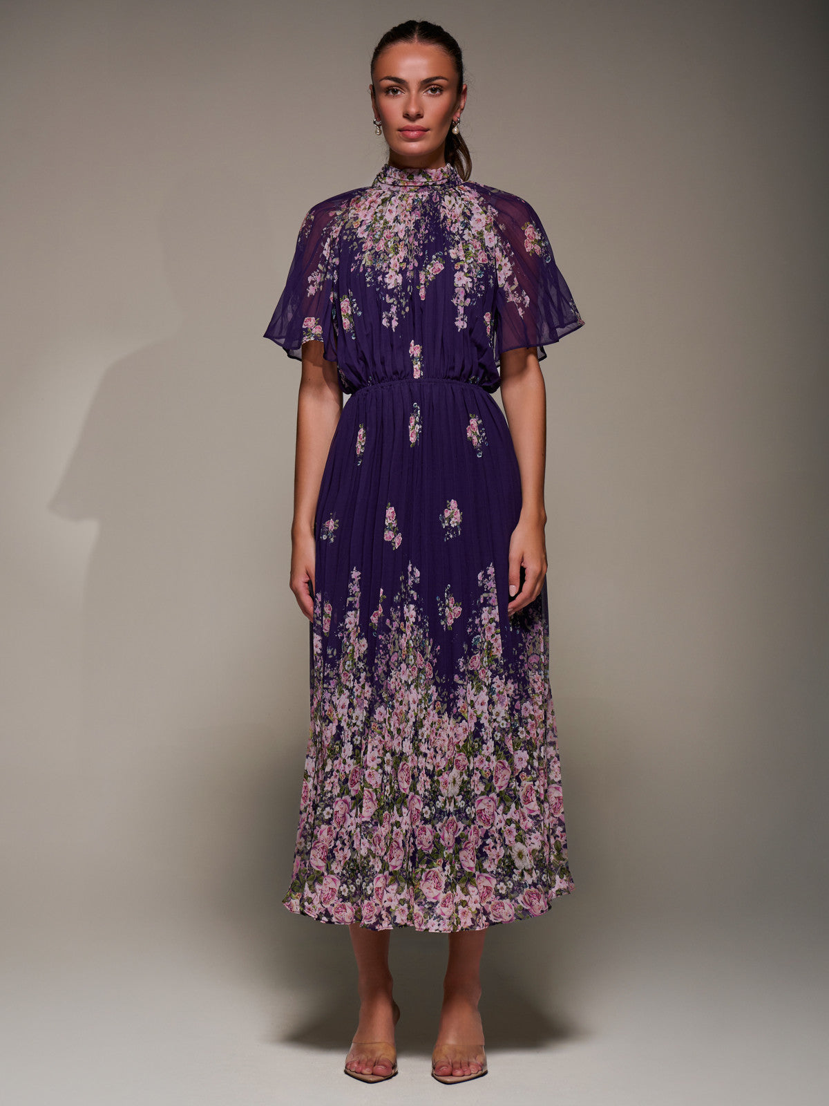 High Neck Short Sleeve Pleated Chiffon Dress Styled View