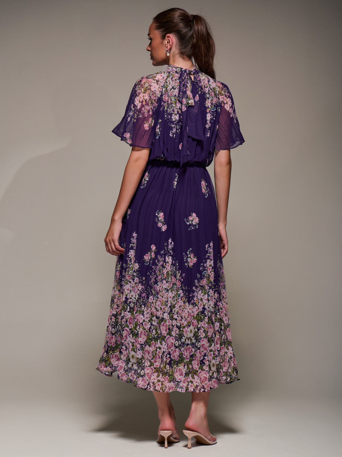High Neck Short Sleeve Pleated Chiffon Dress Back View