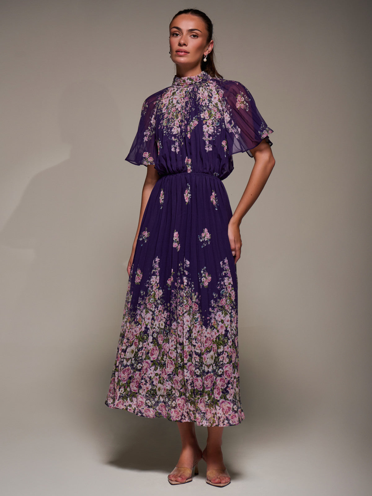High Neck Short Sleeve Pleated Chiffon Dress Front View