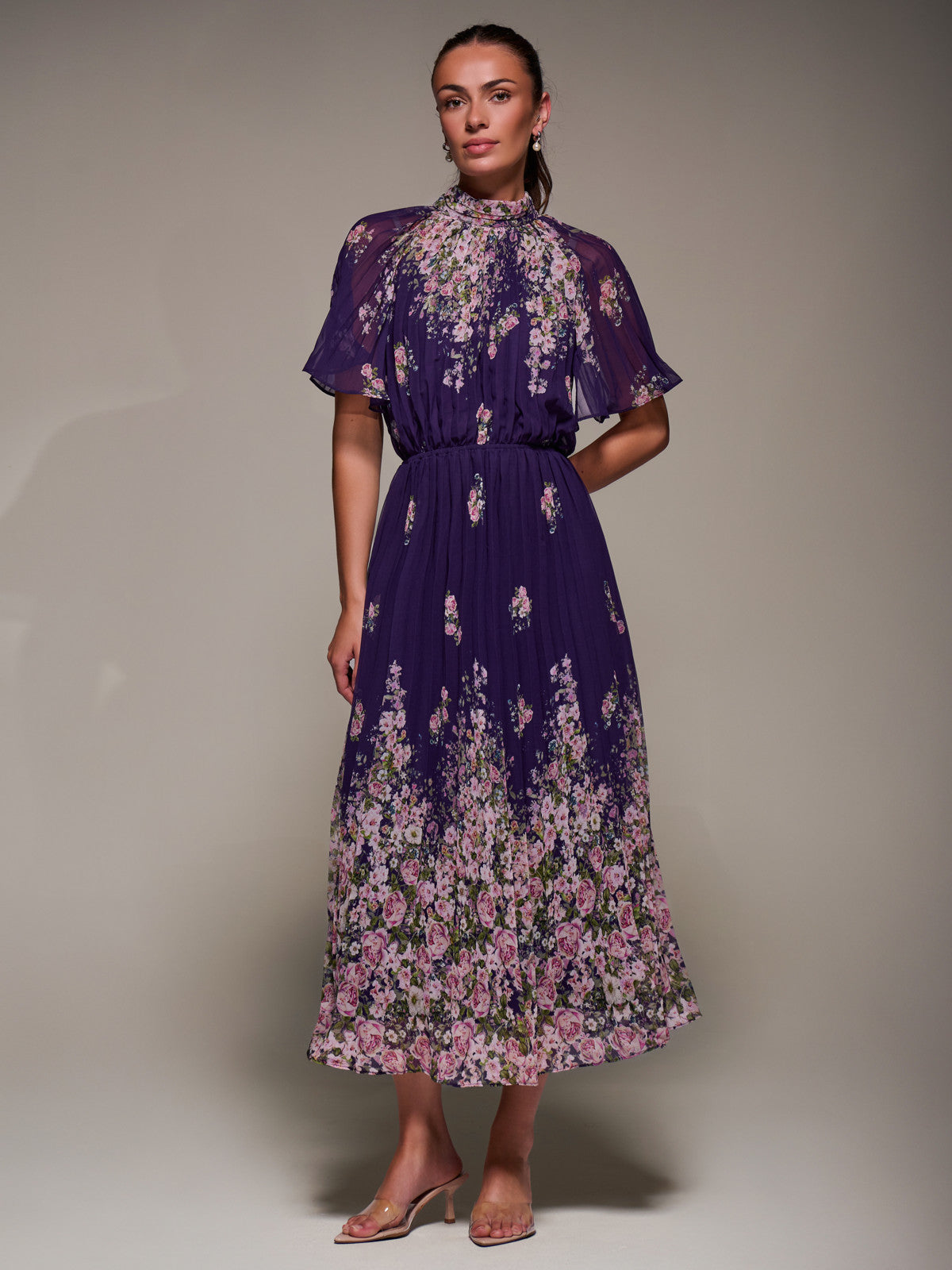 High Neck Short Sleeve Pleated Chiffon Dress Full Length View