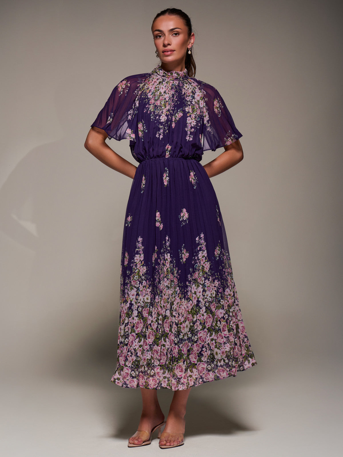 High Neck Short Sleeve Pleated Chiffon Dress Front View 2