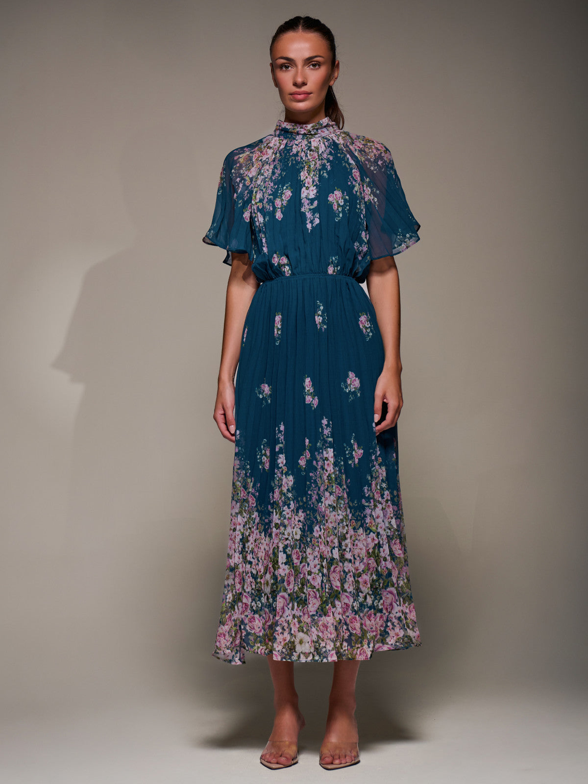 High Neck Short Sleeve Pleated Chiffon Dress teal floral Detail View