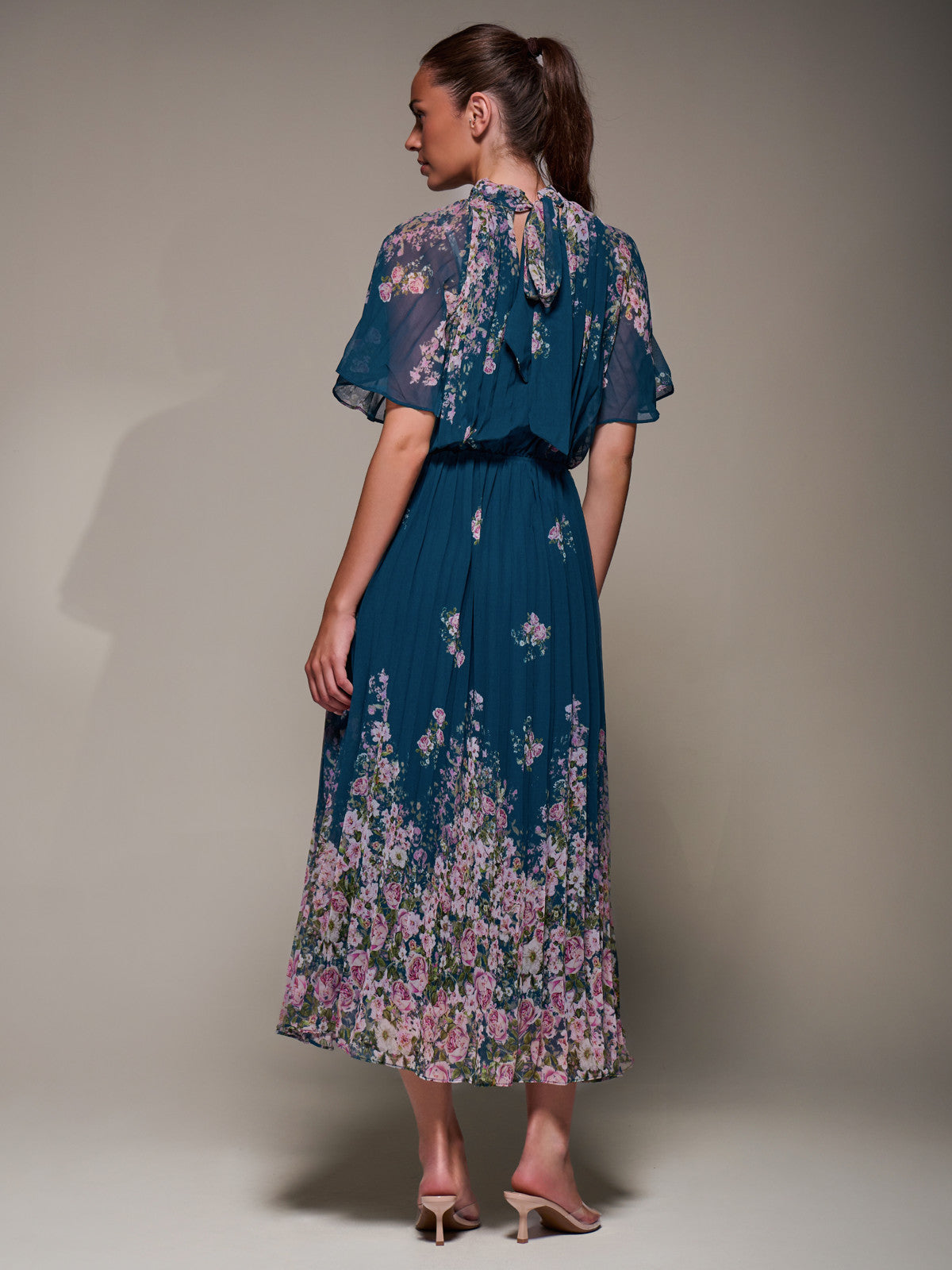 High Neck Short Sleeve Pleated Chiffon Dress teal floral Back View
