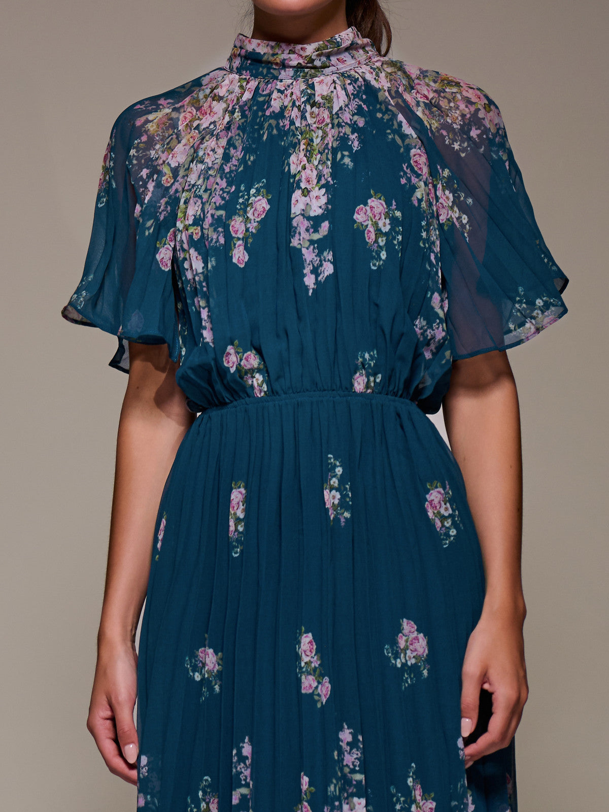 High Neck Short Sleeve Pleated Chiffon Dress teal floral Side View