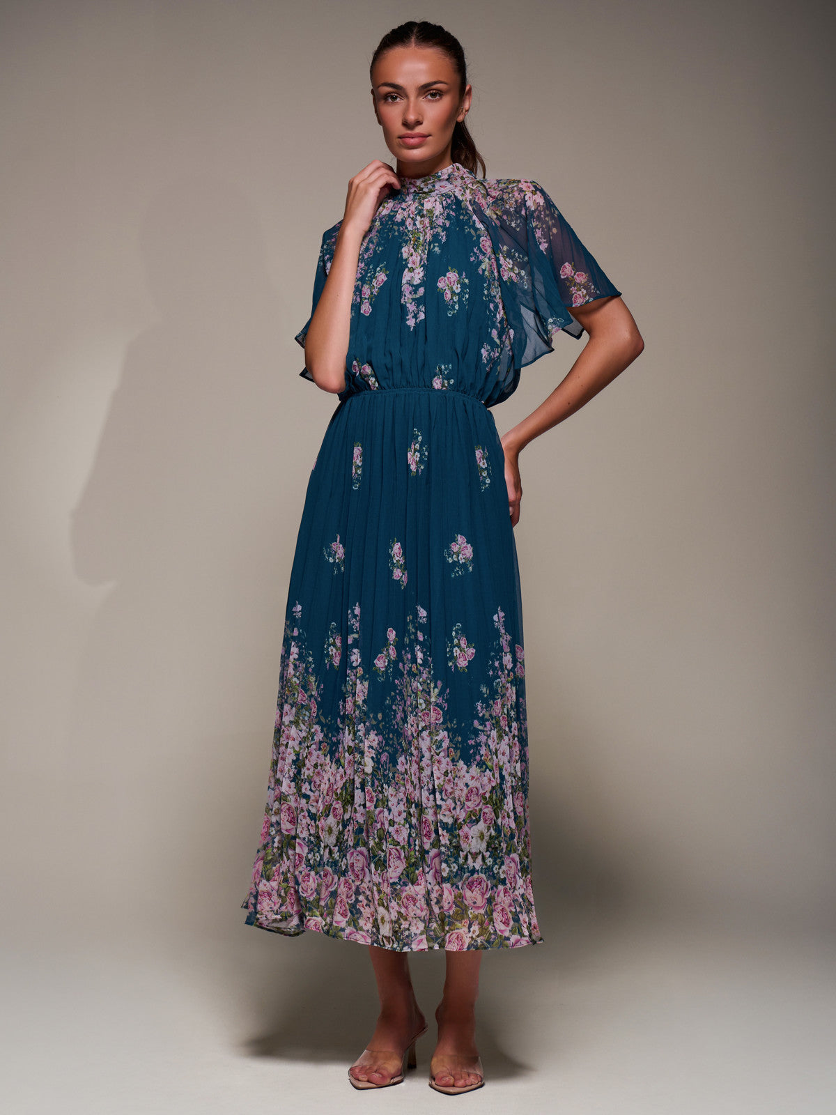 High Neck Short Sleeve Pleated Chiffon Dress teal floral Front View