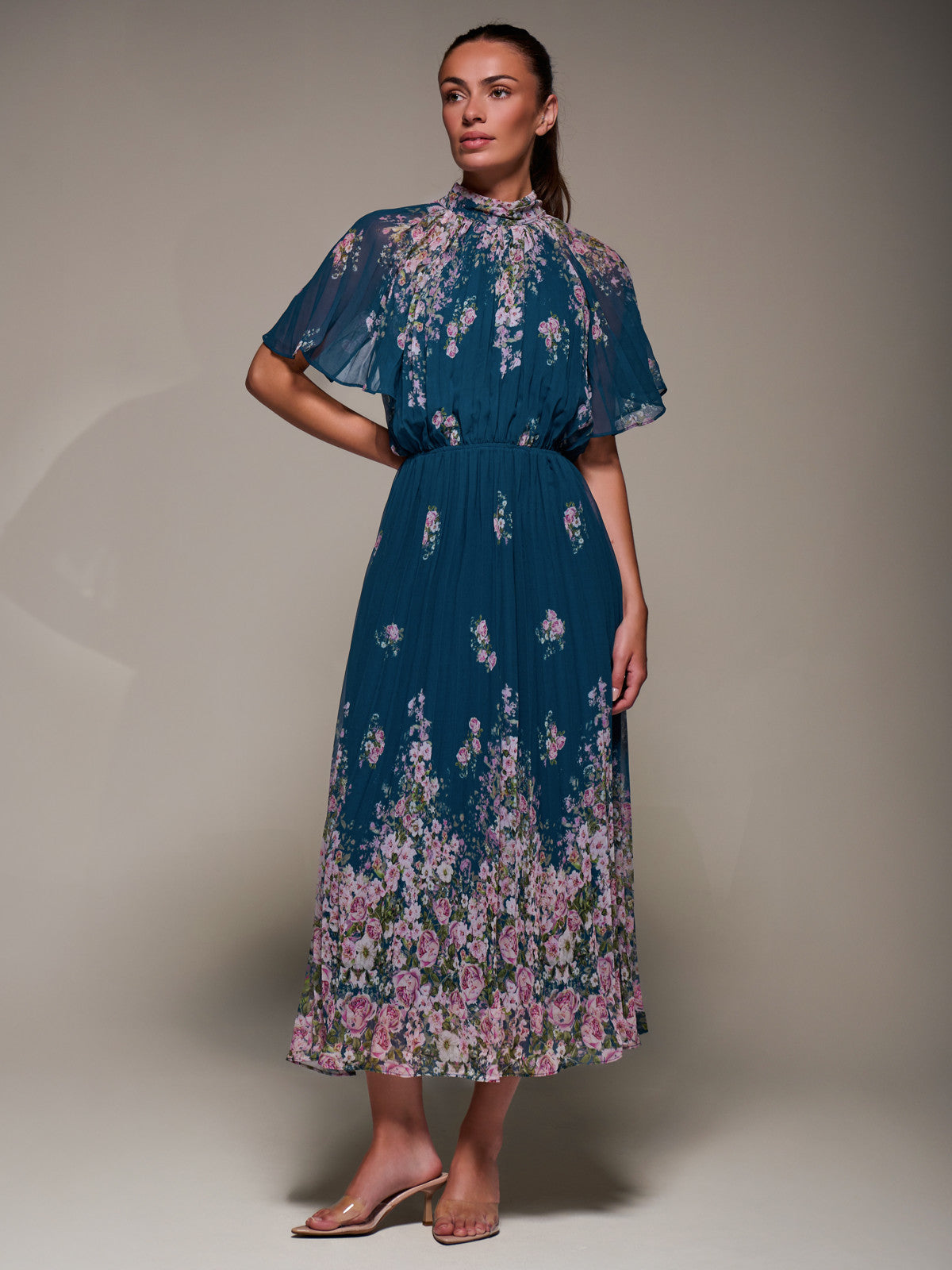 High Neck Short Sleeve Pleated Chiffon Dress teal floral Full Length View