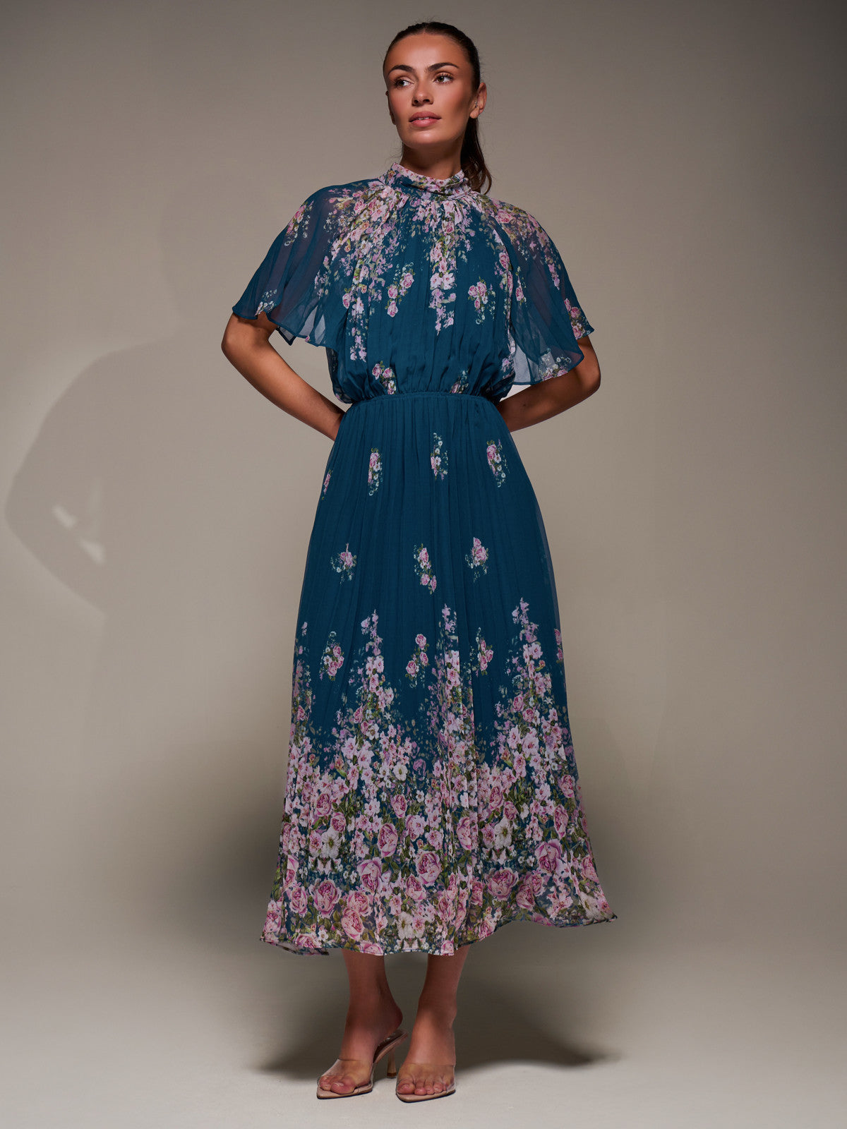 High Neck Short Sleeve Pleated Chiffon Dress teal floral Front View 2