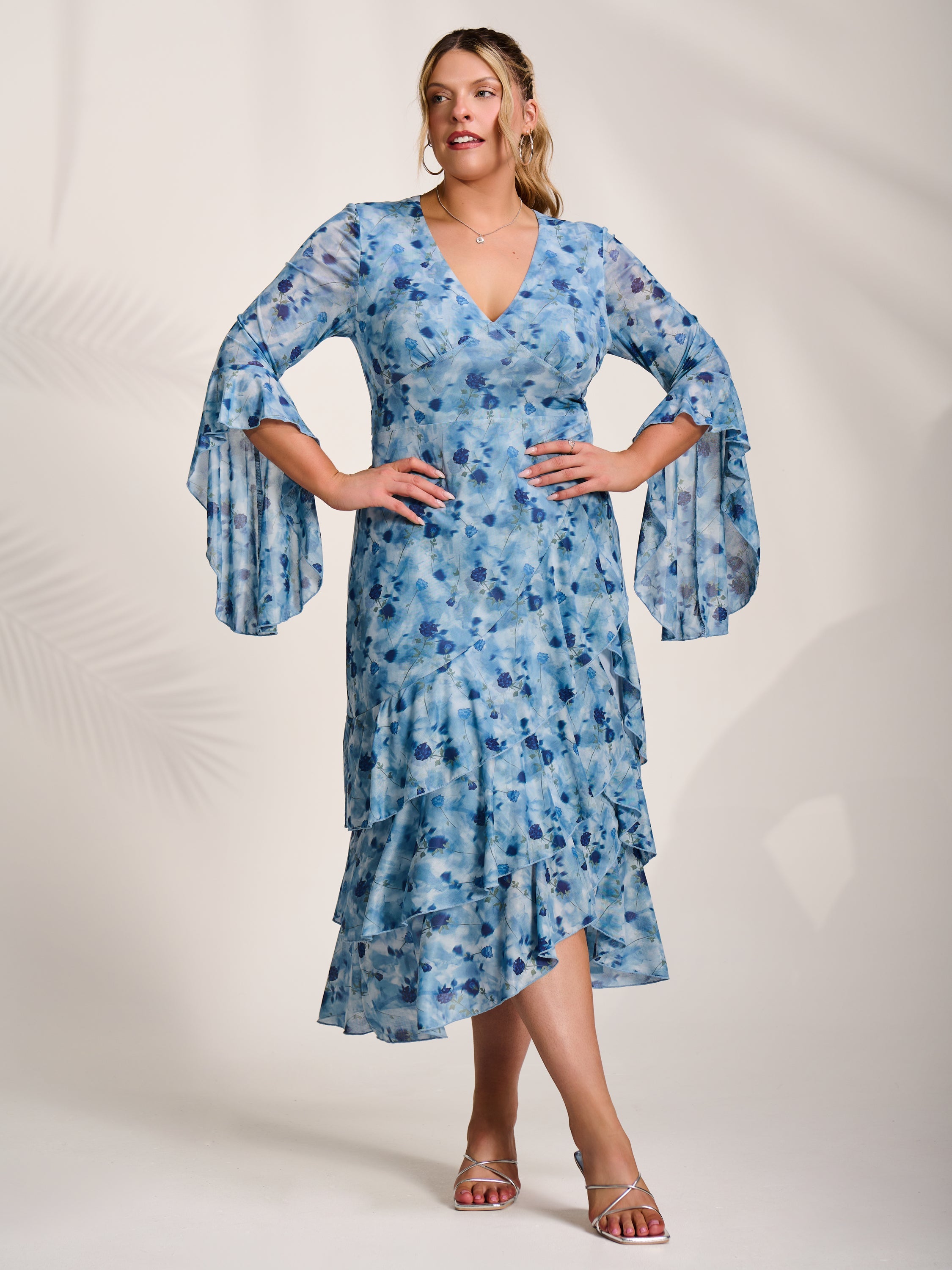 Mesh Ruffle Sleeve Tiered Midaxi Dress Front View