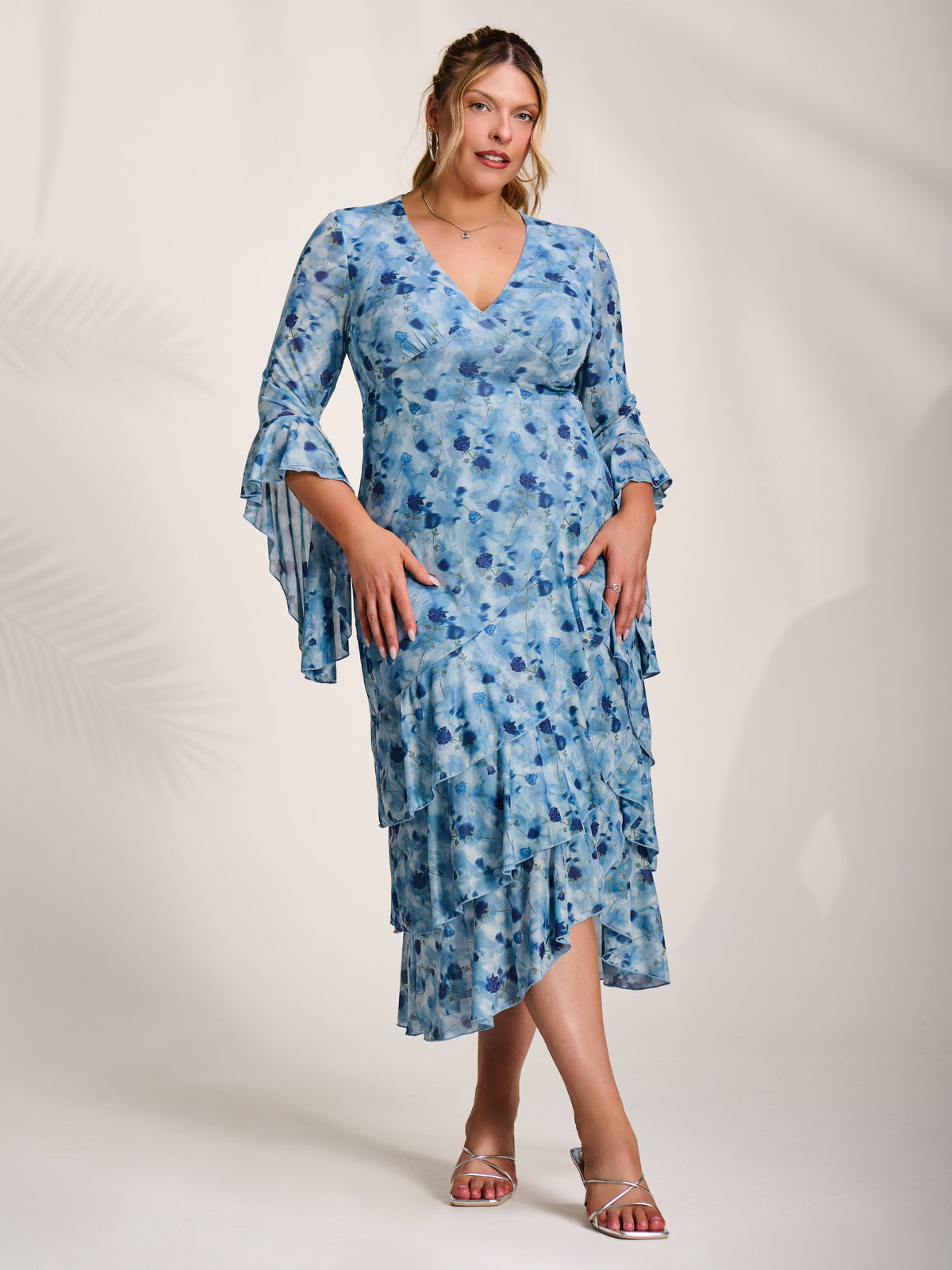 Mesh Ruffle Sleeve Tiered Midaxi Dress Front View 2