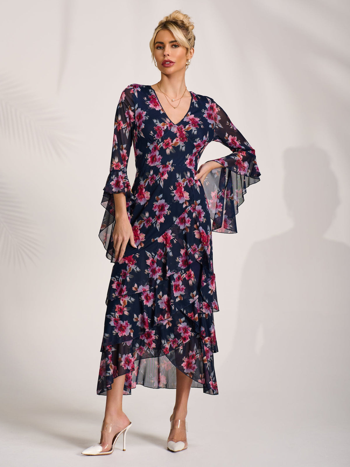 Ruffle Sleeve Tiered Mesh Midaxi Dress Front View