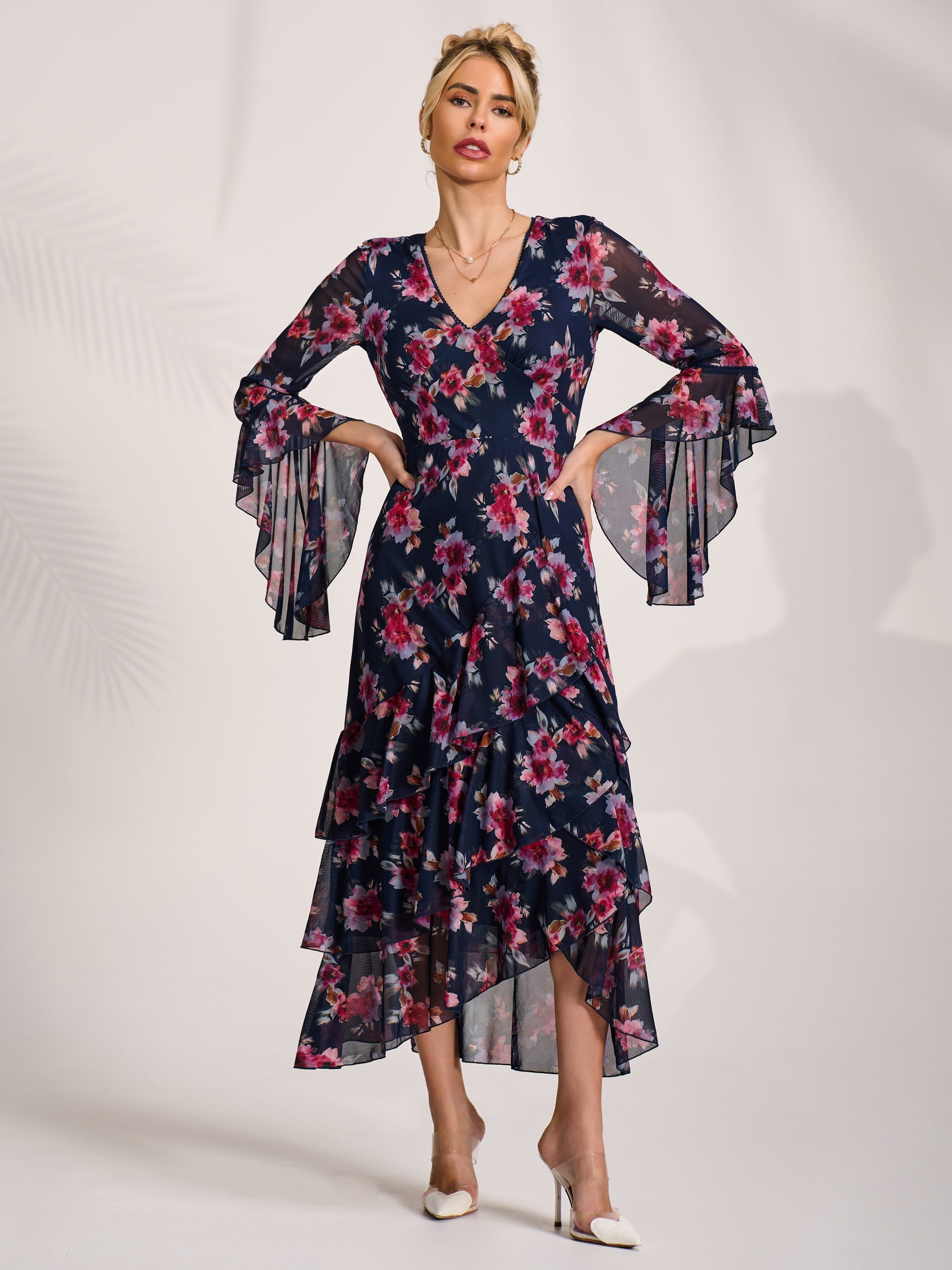 Ruffle Sleeve Tiered Mesh Midaxi Dress Detail View