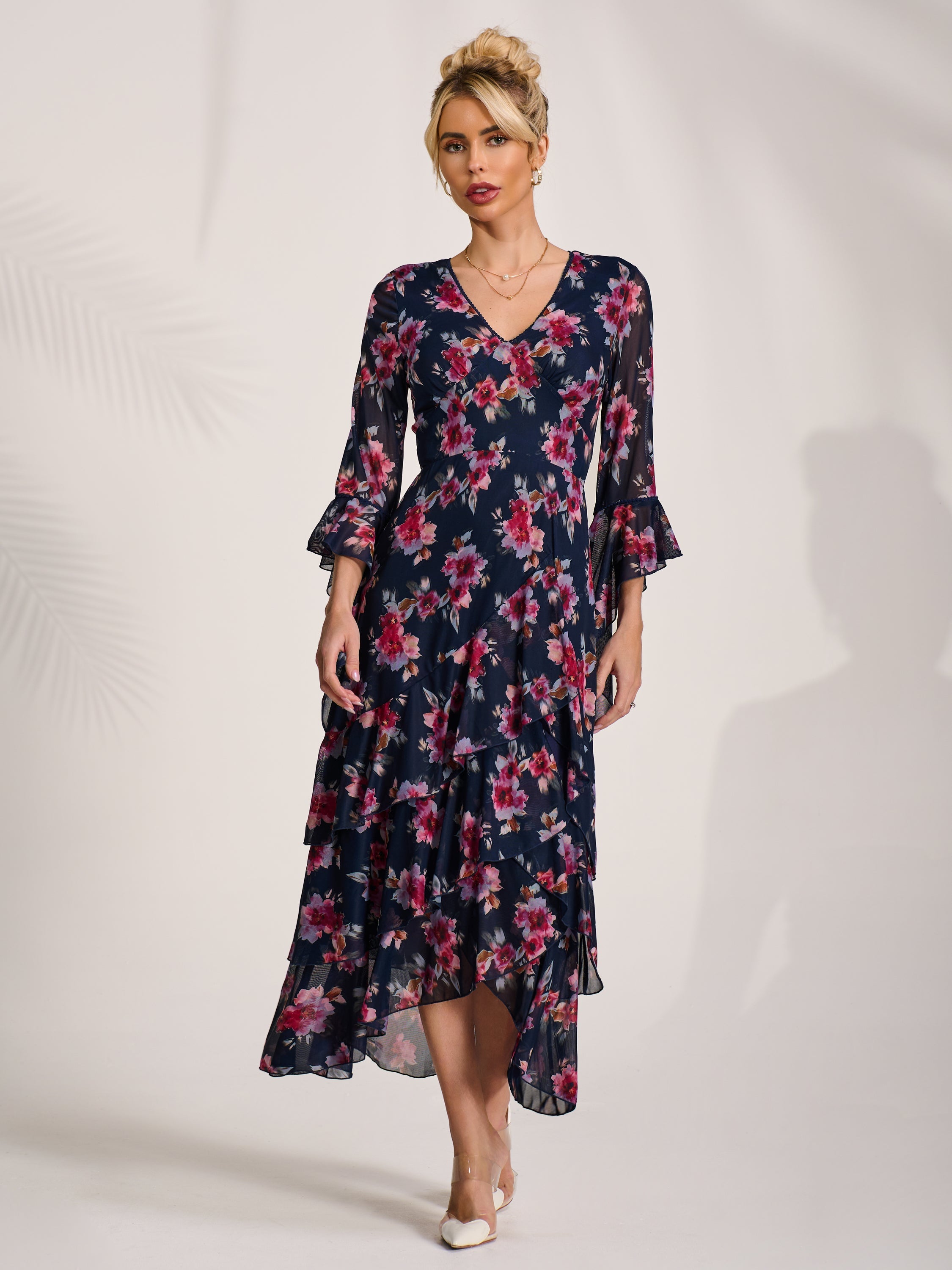 Ruffle Sleeve Tiered Mesh Midaxi Dress Full Length View