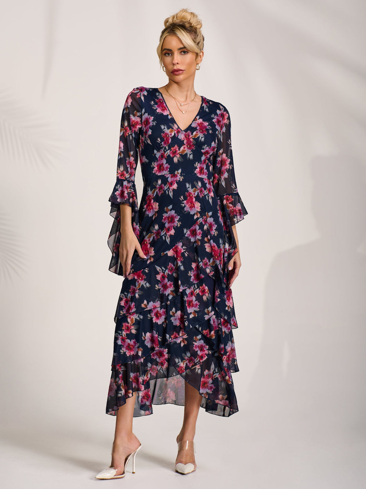 Ruffle Sleeve Tiered Mesh Midaxi Dress Front View 2