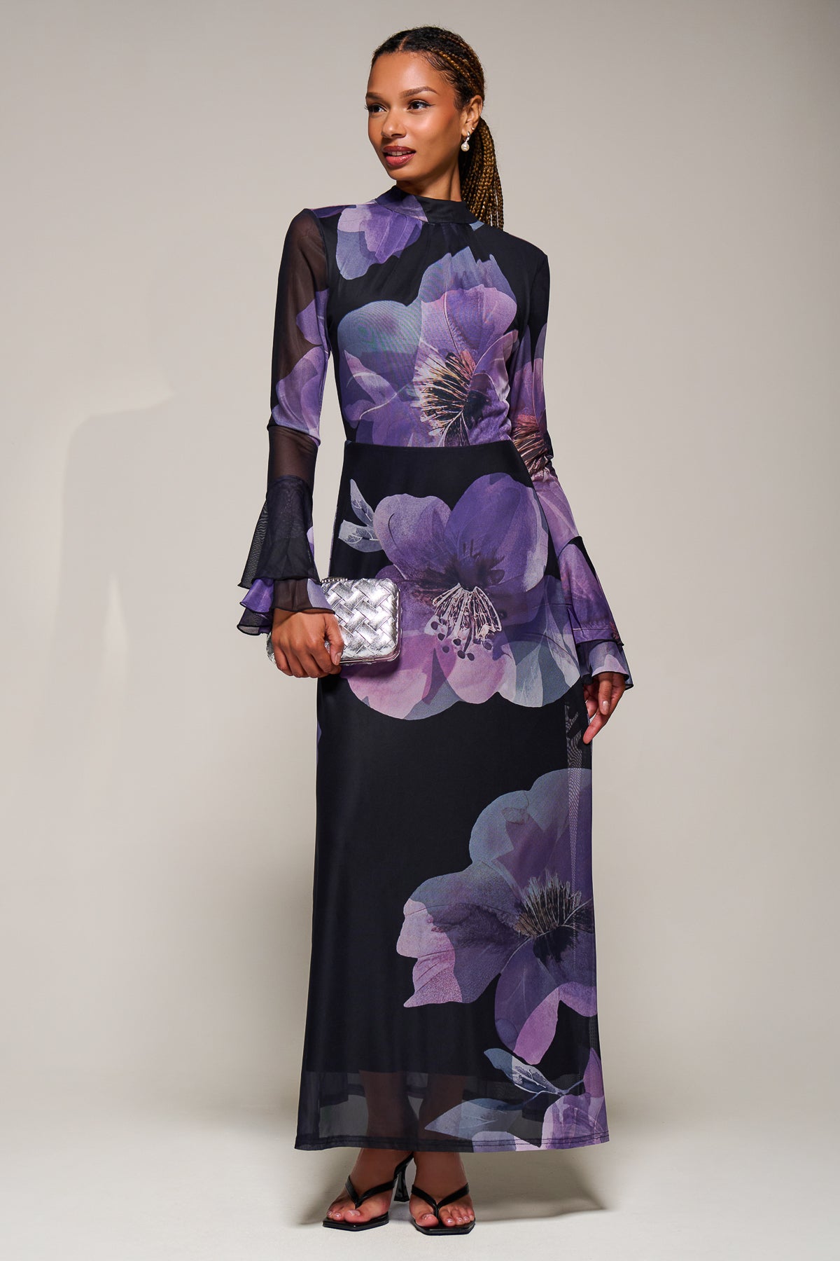 Ruffle Long Sleeve Mesh Maxi Dress Front View