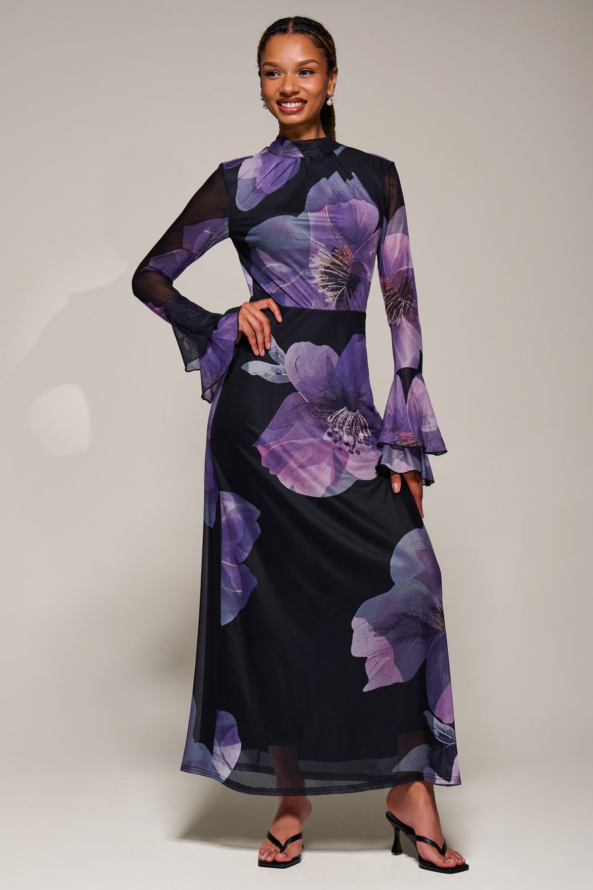 Ruffle Long Sleeve Mesh Maxi Dress Full Length View