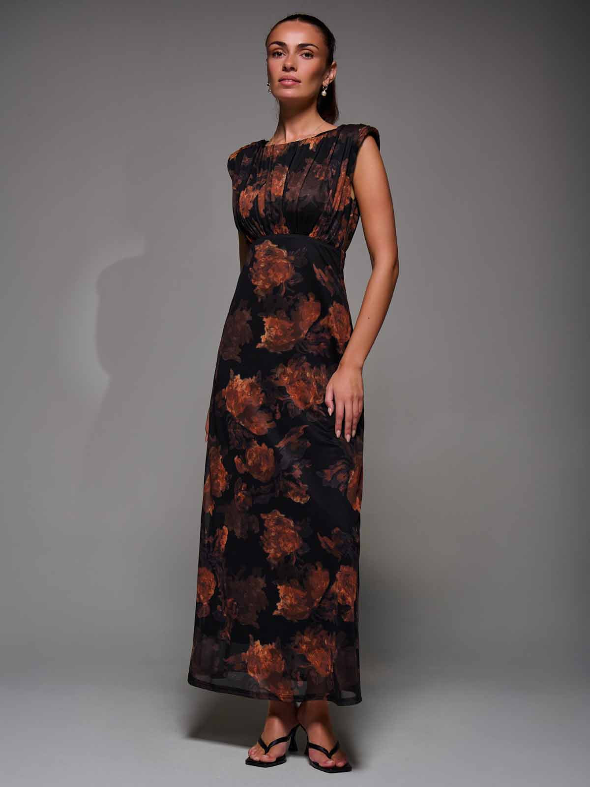 Slash Neck Fit & Flare Mesh Maxi Dress Styled View