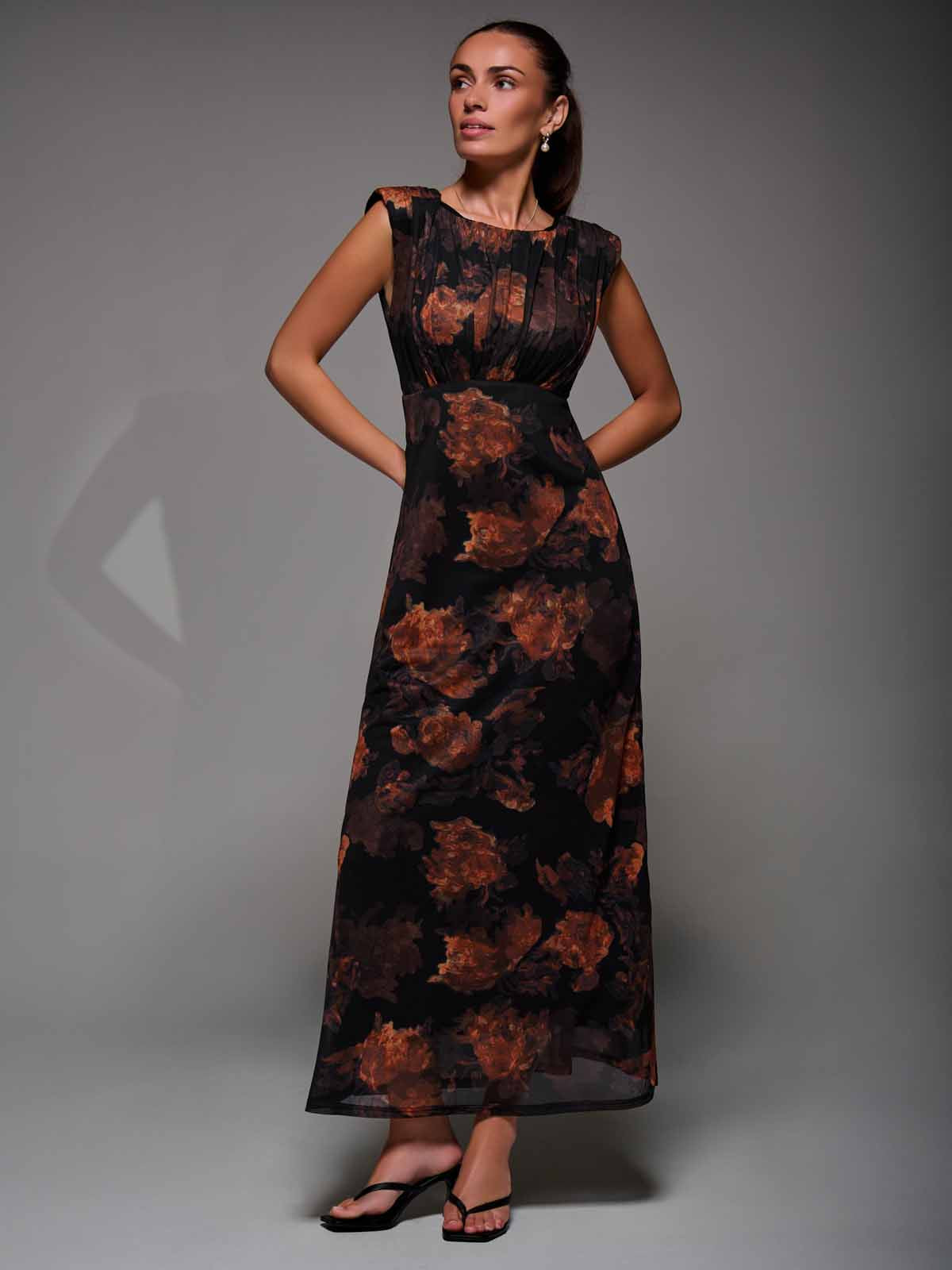 Slash Neck Fit & Flare Mesh Maxi Dress Front View 2