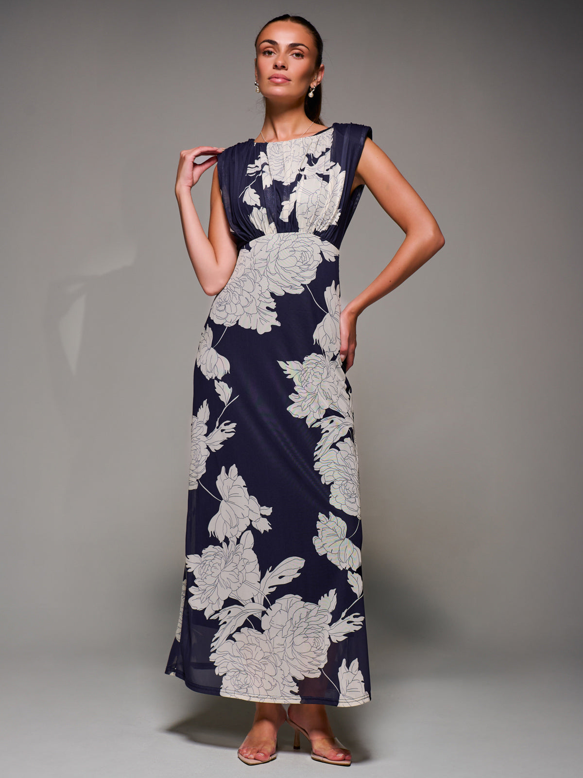 Slash Neck Fit & Flare Mesh Maxi Dress Navy Floral Full Length View
