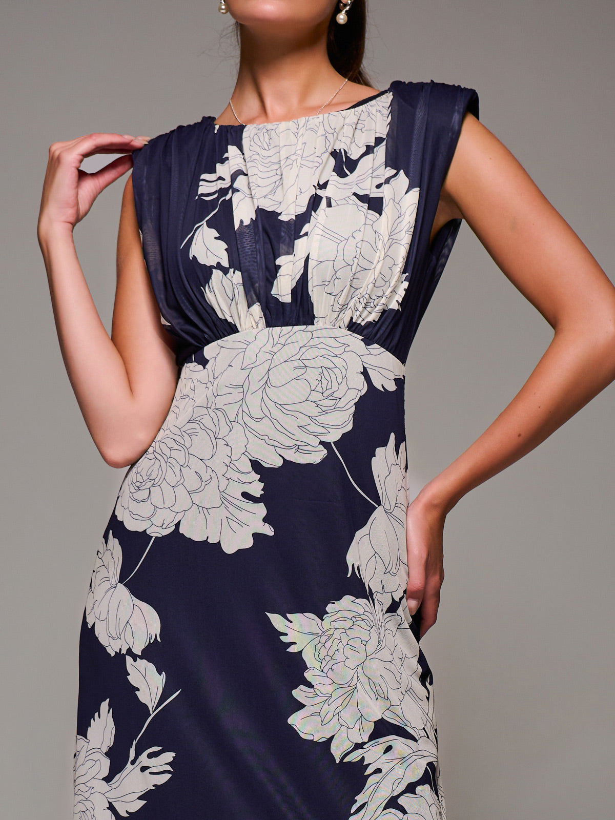 Slash Neck Fit & Flare Mesh Maxi Dress Navy Floral Side View