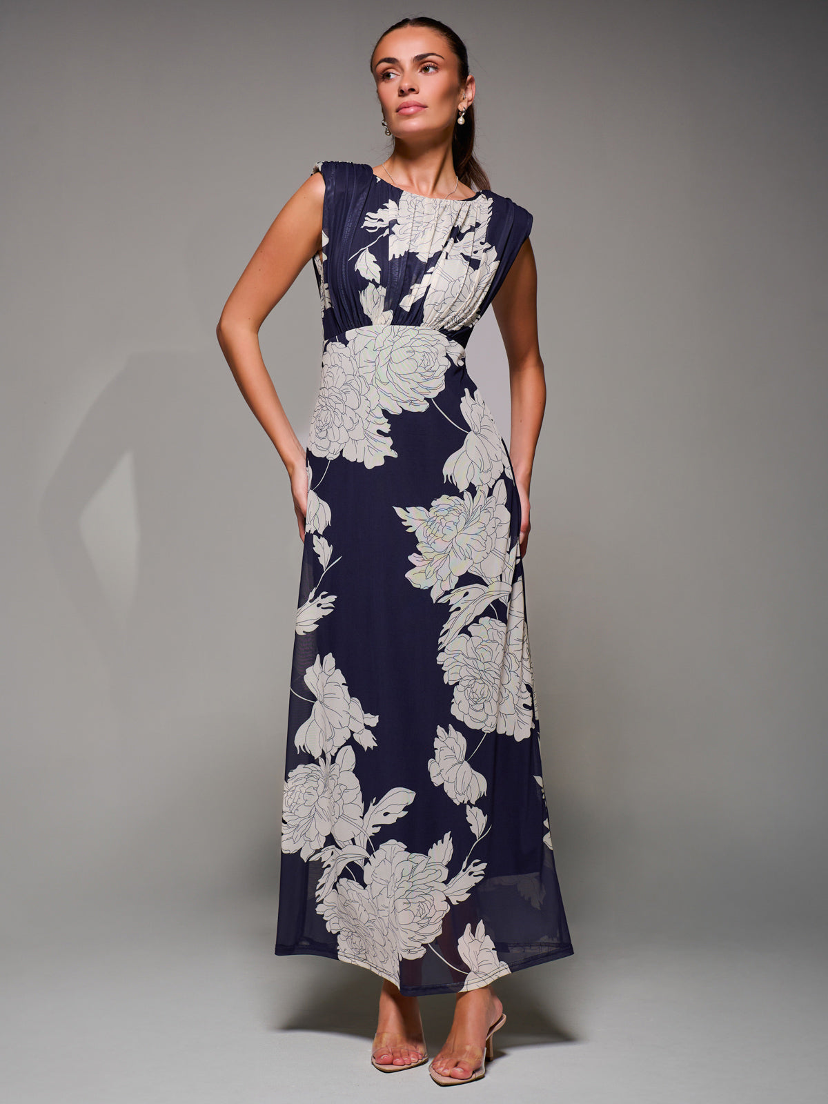 Slash Neck Fit & Flare Mesh Maxi Dress Navy Floral Detail View