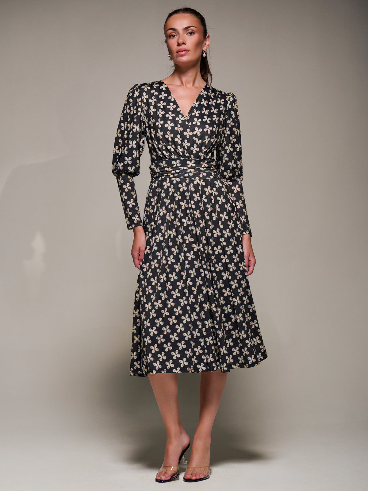 Puff Long Sleeve Jersey Midi Dress Front View