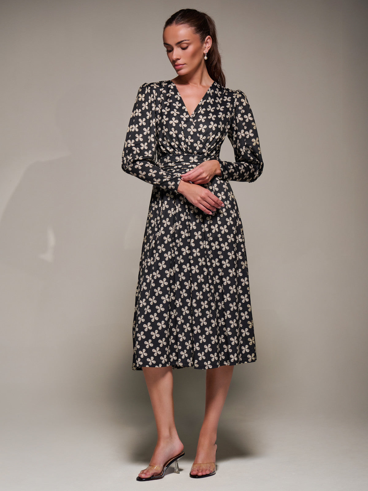 Puff Long Sleeve Jersey Midi Dress Full Length View