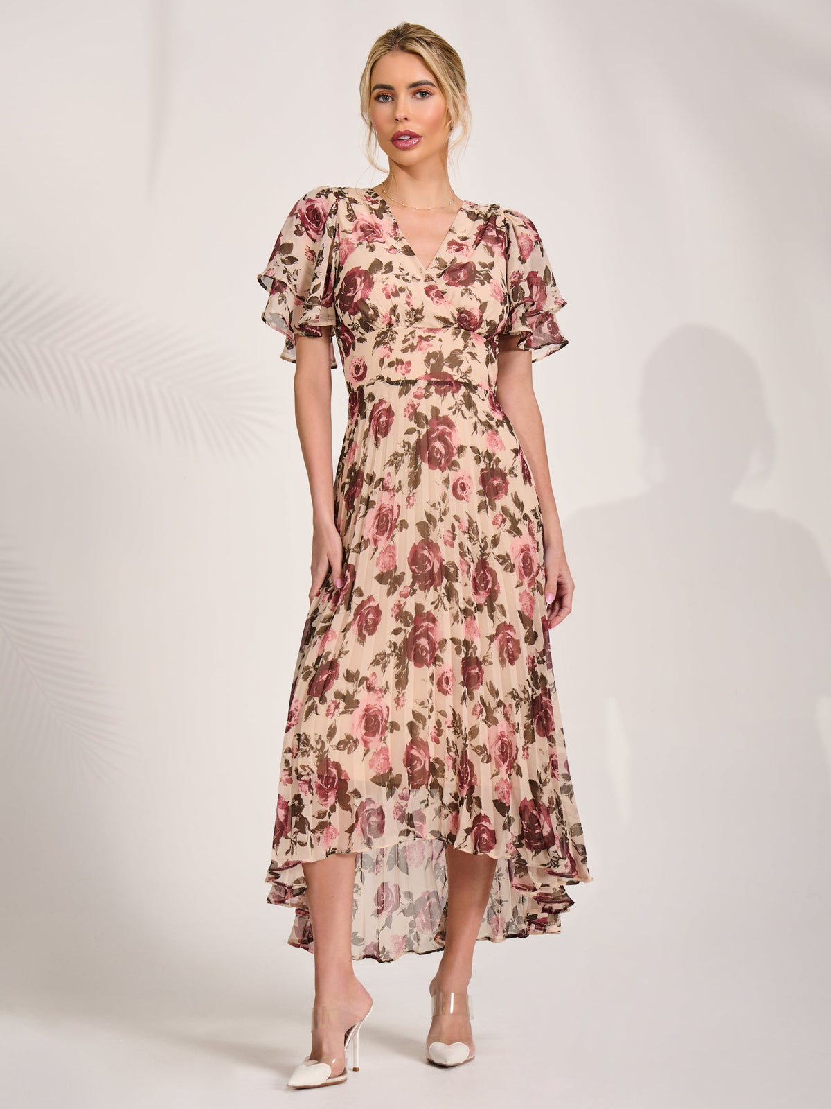 Angel Sleeve Pleated Chiffon Midaxi Dress cream floral Front View