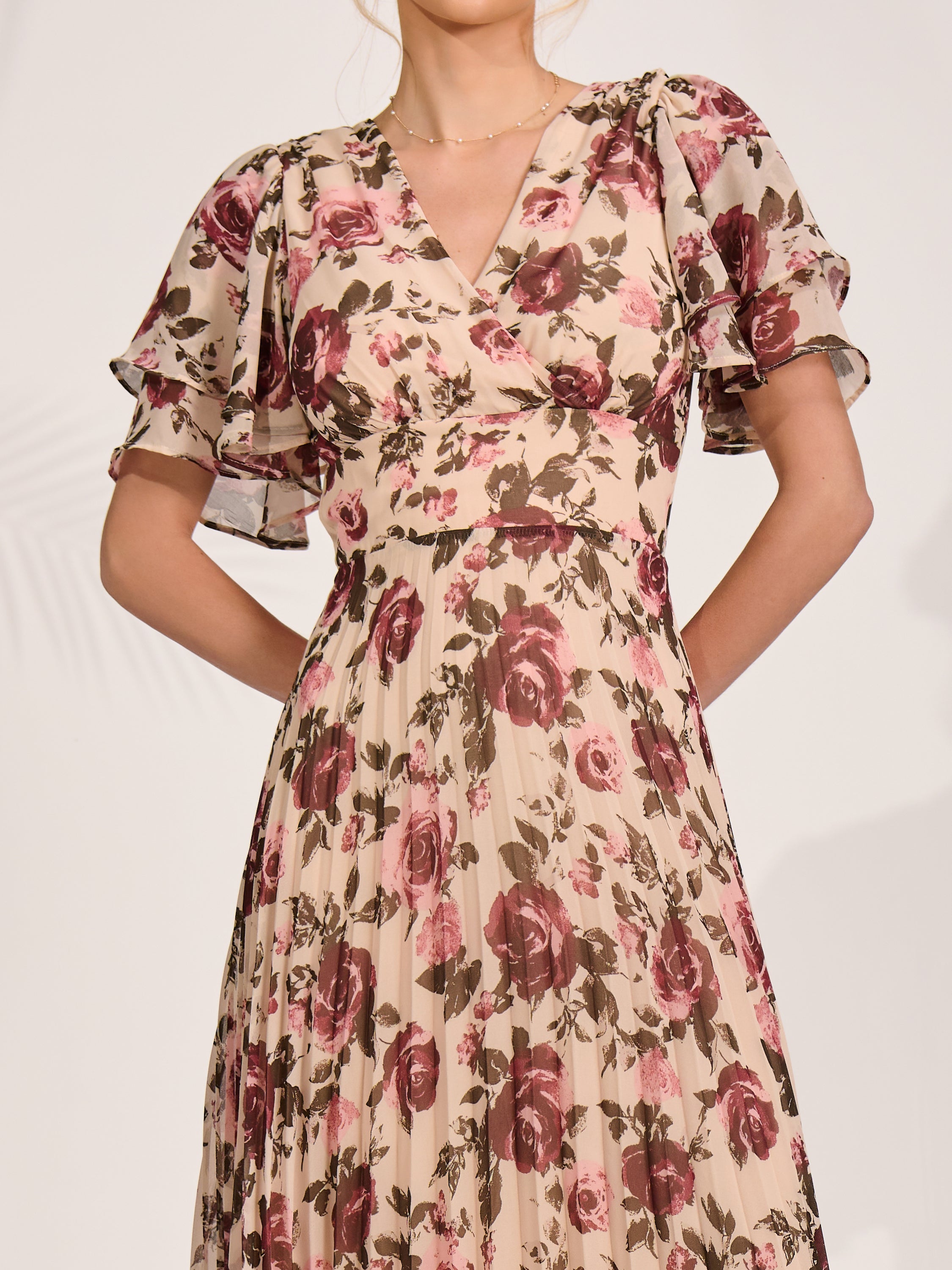 Angel Sleeve Pleated Chiffon Midaxi Dress cream floral Side View
