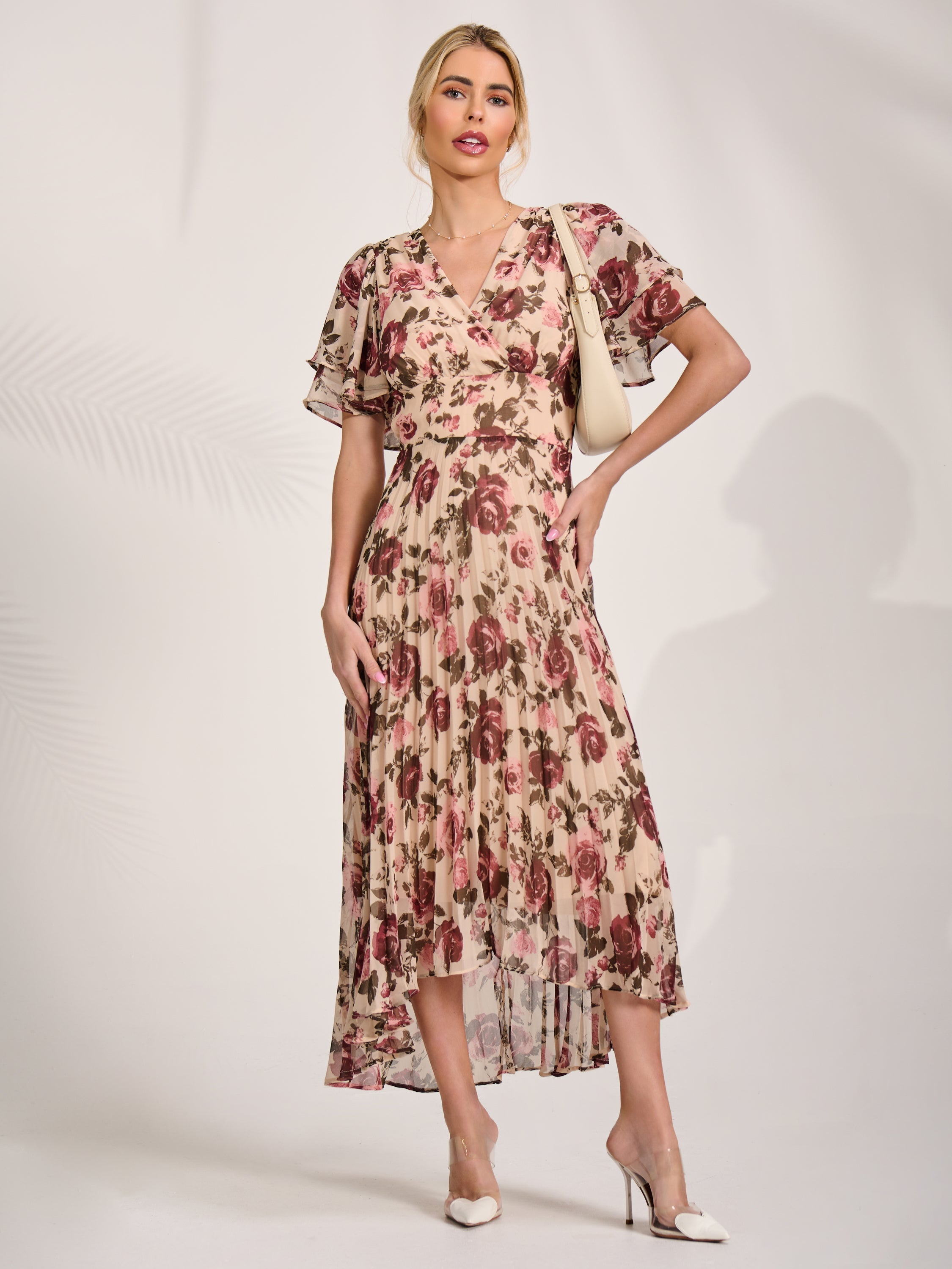 Angel Sleeve Pleated Chiffon Midaxi Dress cream floral Detail View