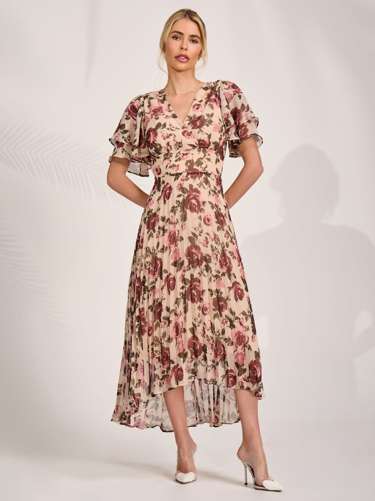 Angel Sleeve Pleated Chiffon Midaxi Dress cream floral Full Length View
