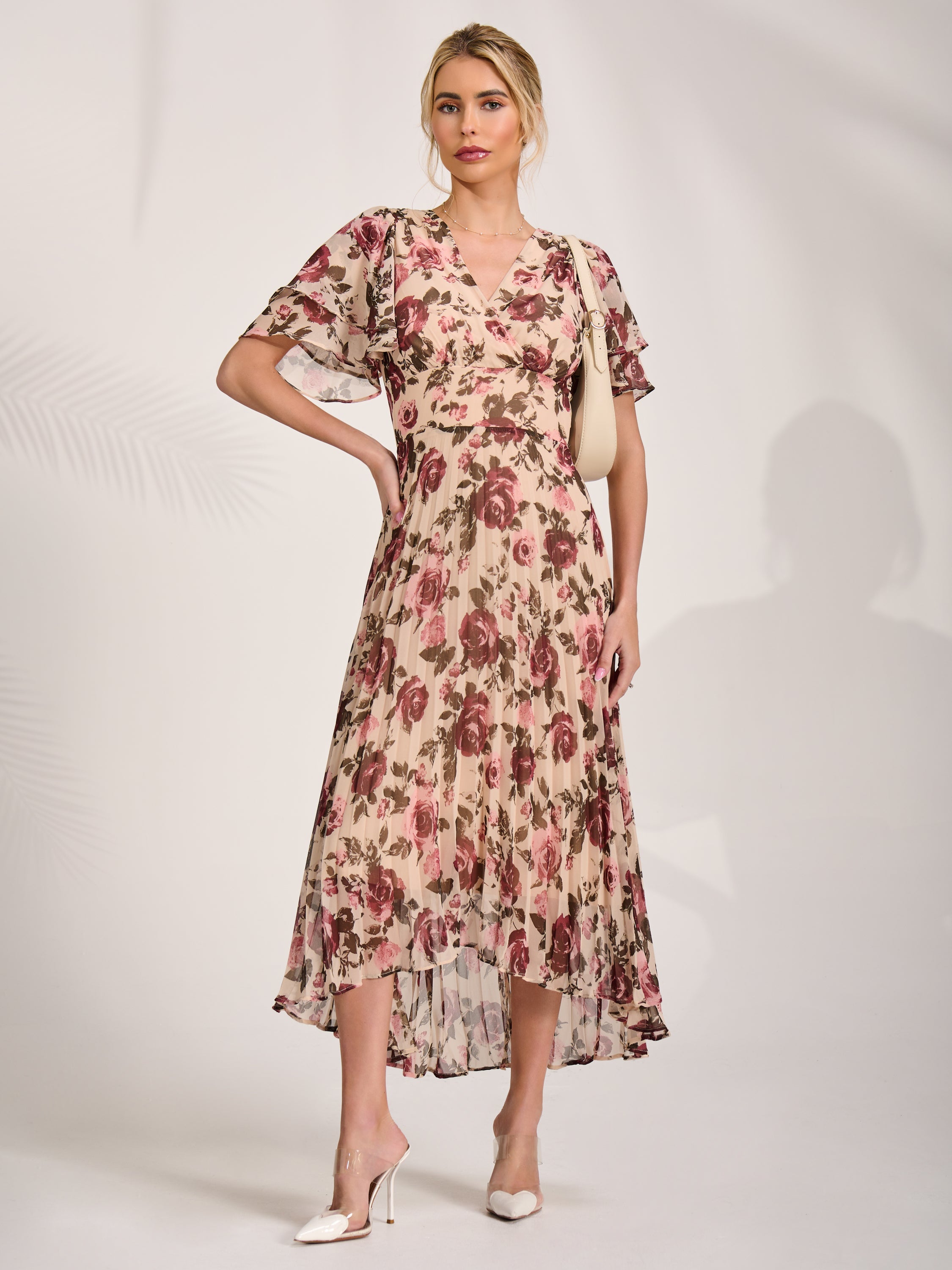 Angel Sleeve Pleated Chiffon Midaxi Dress cream floral Front View 2