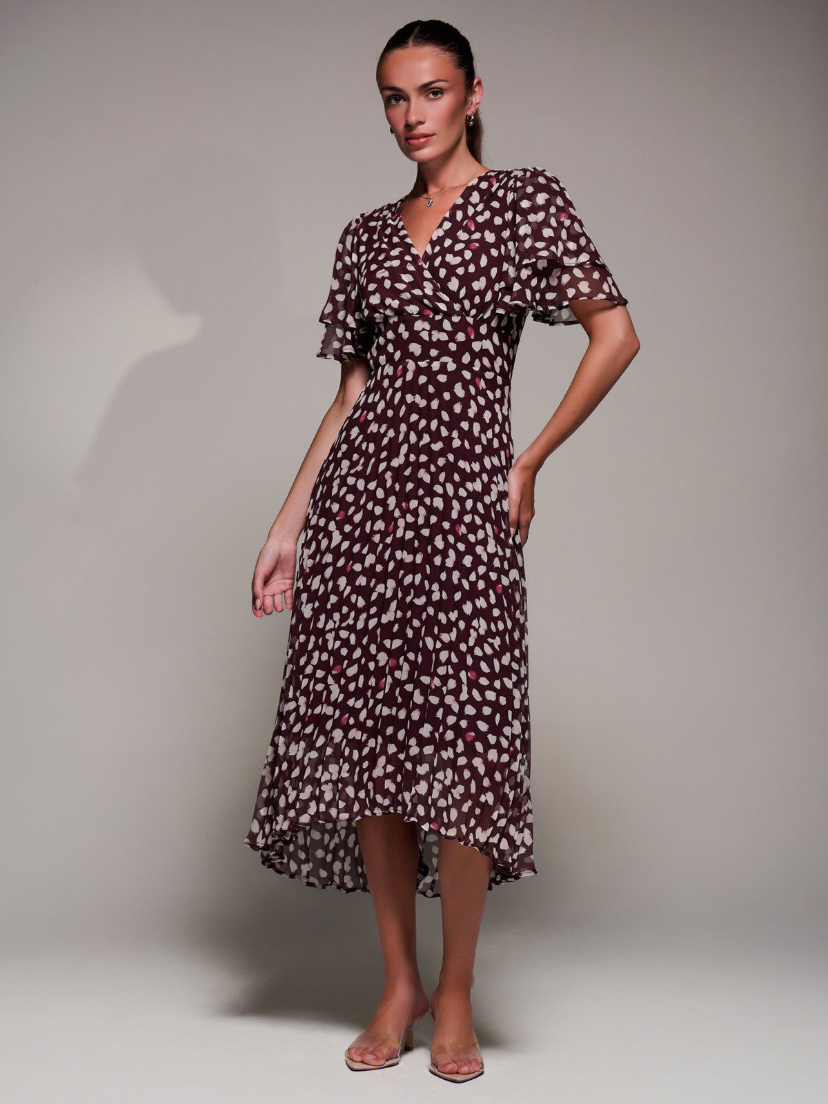 Angel Sleeve Pleated Chiffon Midaxi Dress Front View
