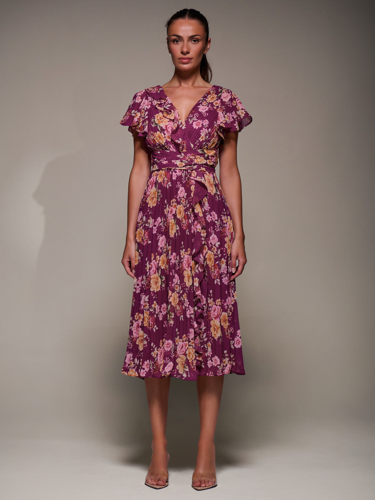 Printed Ruffle Detail Pleated Chiffon Midi Detail View