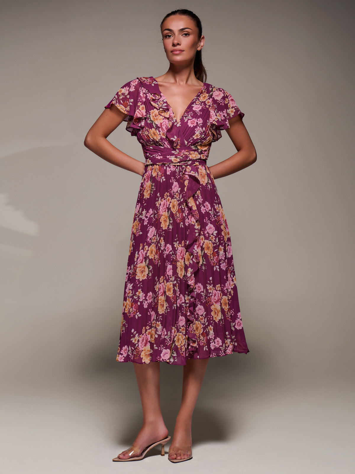 Printed Ruffle Detail Pleated Chiffon Midi Full Length View